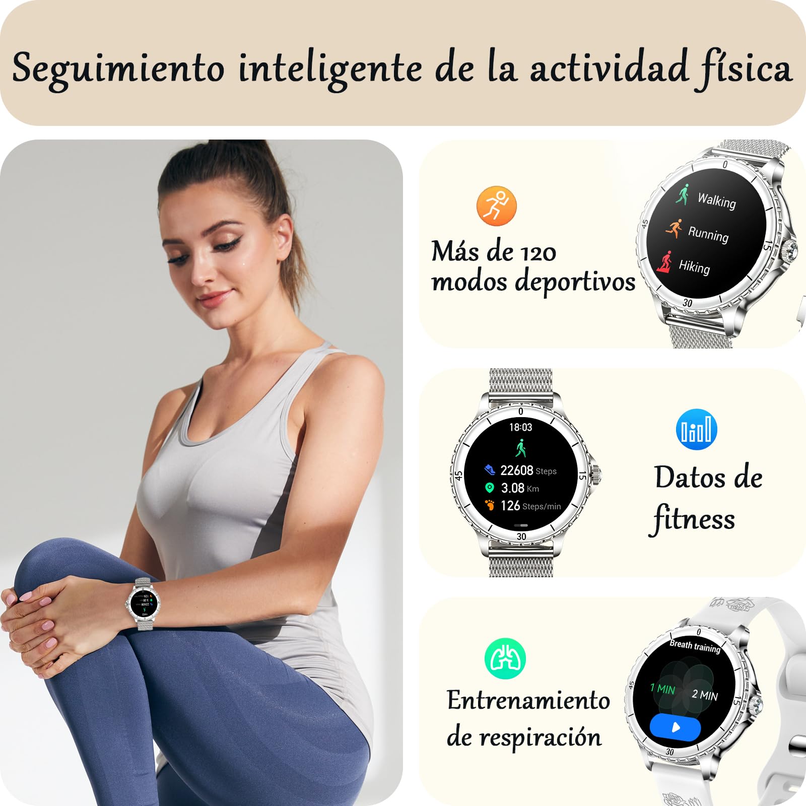 Reloj Inteligente Mujer con Llamadas, 1.27” HD Smartwatch Redondo | 120+ Modos Deportivos, Pulsómetro, SpO2, Monitor de Sueño, Rastreador de Actividad, IP68, Android iOS, 2 Correas, Plata