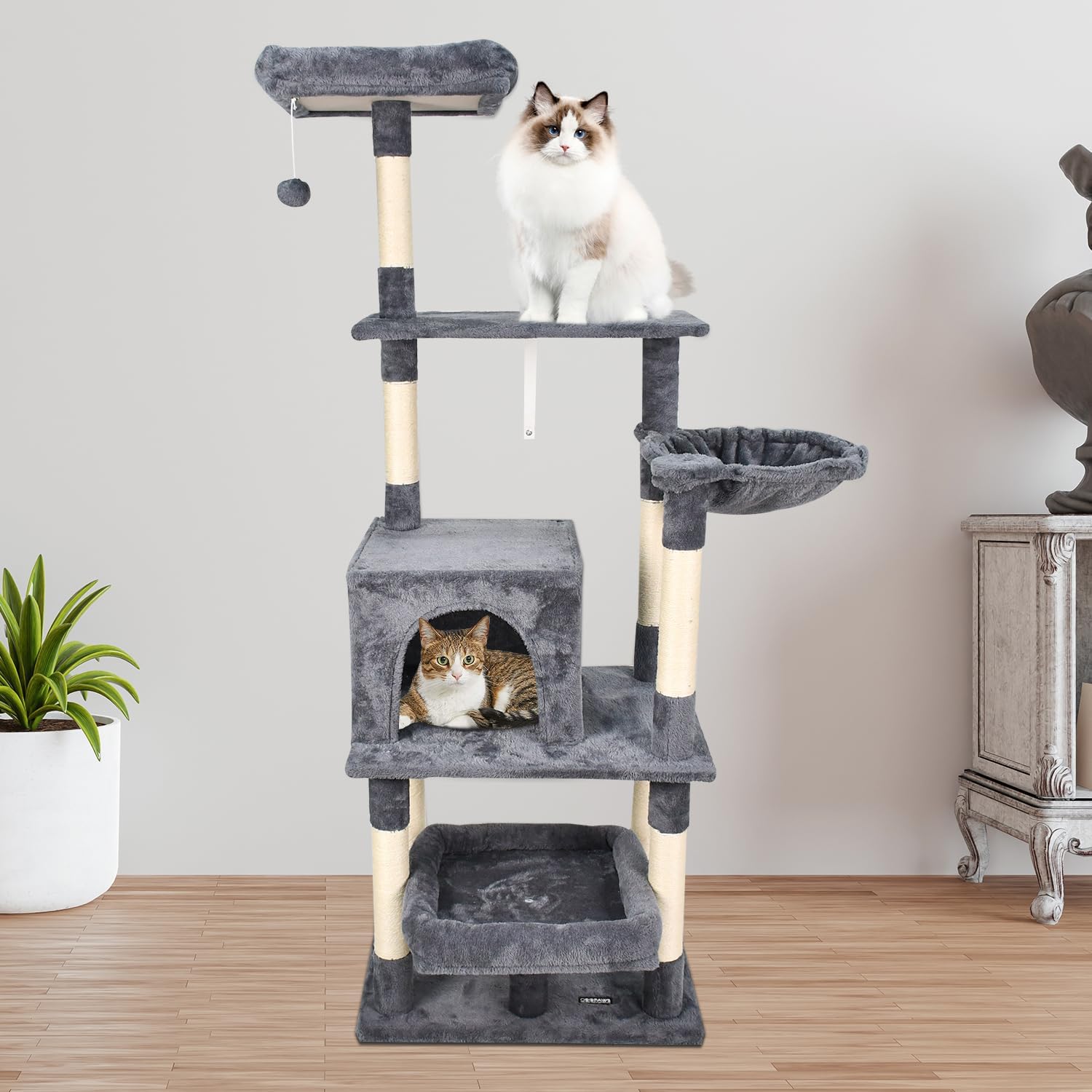 66-in Heavy-Duty Cat Tree for Large Cats, Multi-Level Tower with Sisal Scratching Posts, Plush Perch, Hammock & Condo Anti-Tip Design