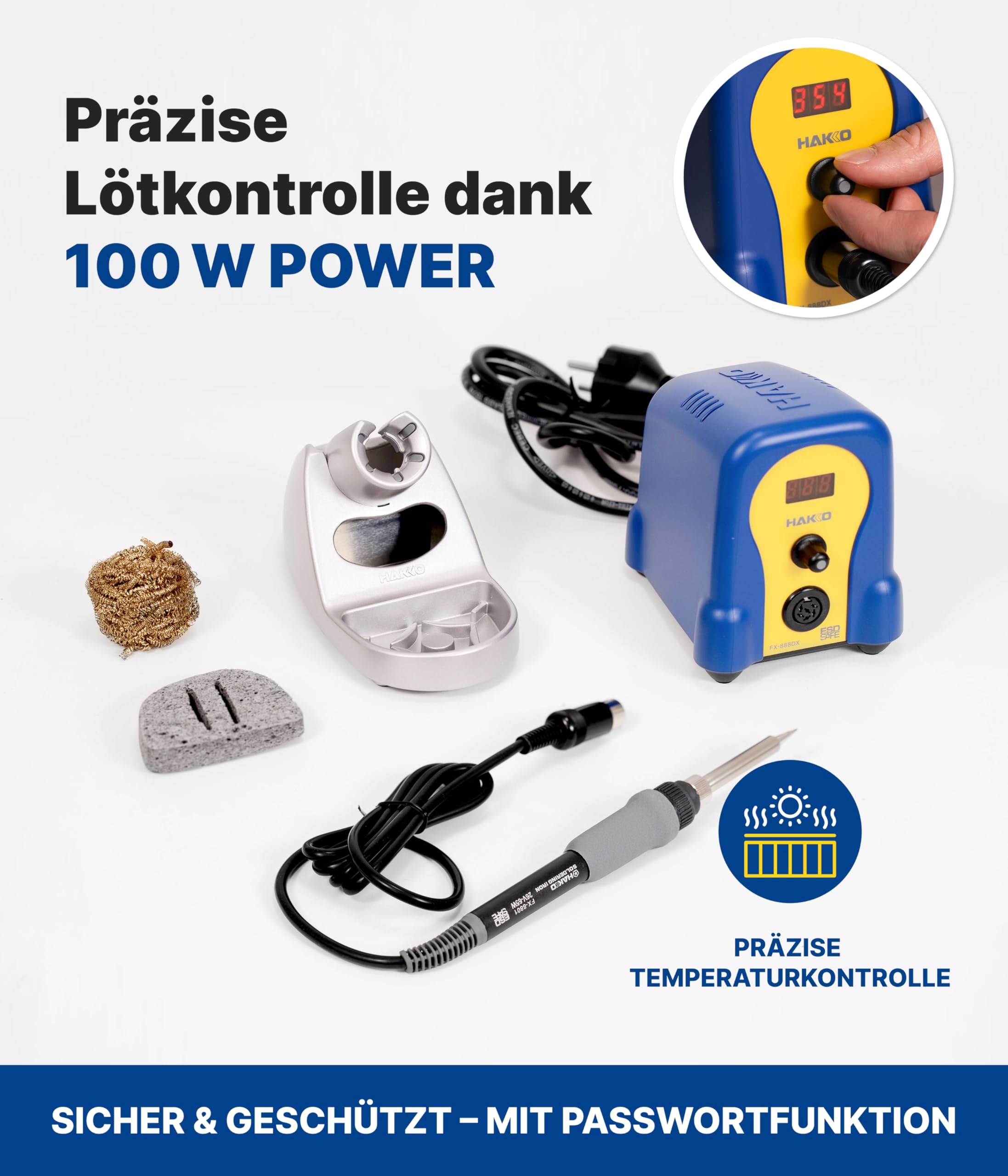 HAKKO® Lötstation FX-888DX Blau/Gelb (100 W) – Digitale Lötstation mit hervorragendem Wärmeübertrag, kompakt für kleine Arbeitsplätze, ideal für präzises & professionelles Löten – inkl. Werkzeughalter