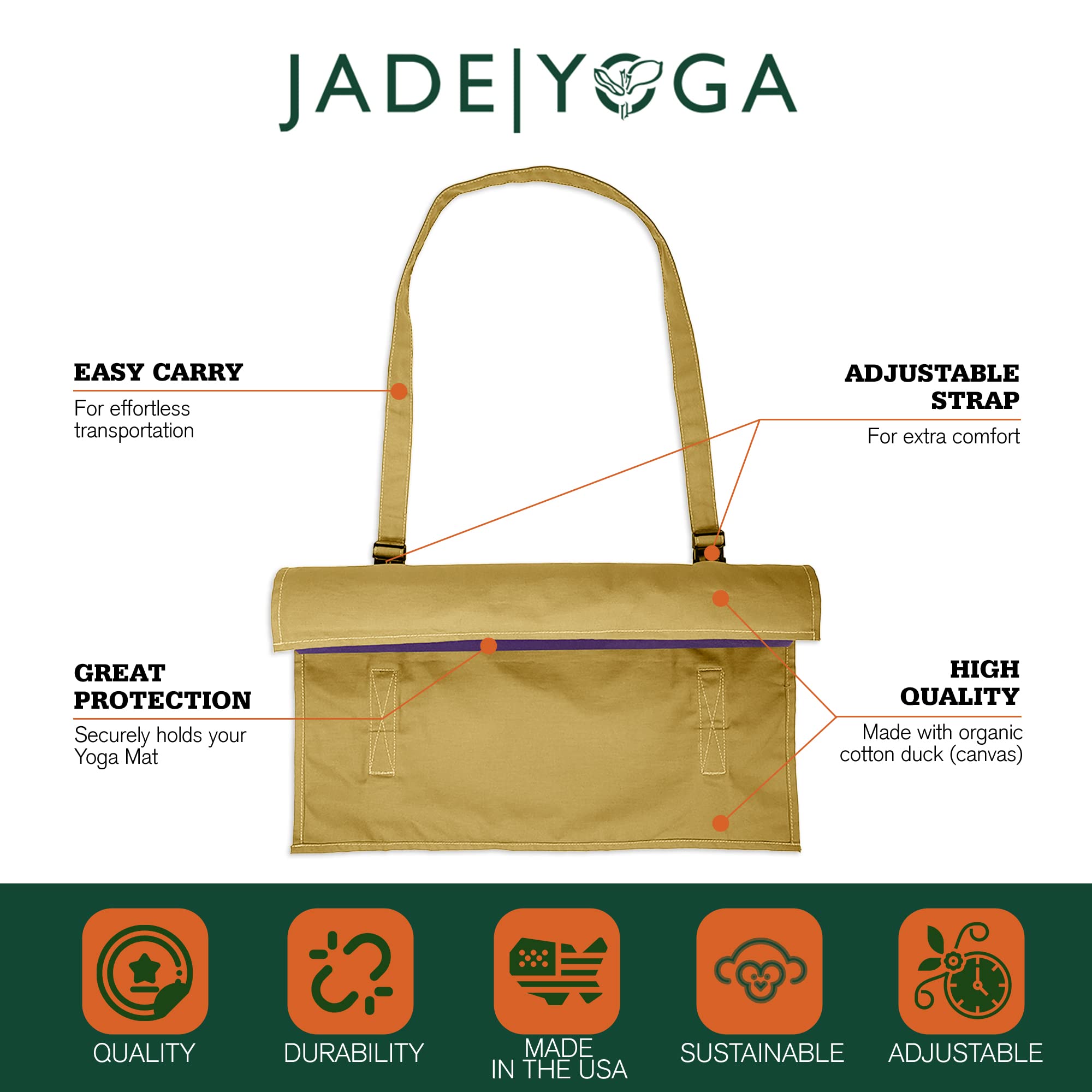 JadeYoga Parkia Matte Tragetasche, Bio-Baumwolle, Ente Yoga Matte Tragetasche, Yoga Matte Tasche mit verstellbarem Riemen, Herren Yoga Mattenhalter, Yoga Zubehör für Frauen, 66 x 20,3 x 1 0,2 cm Khaki