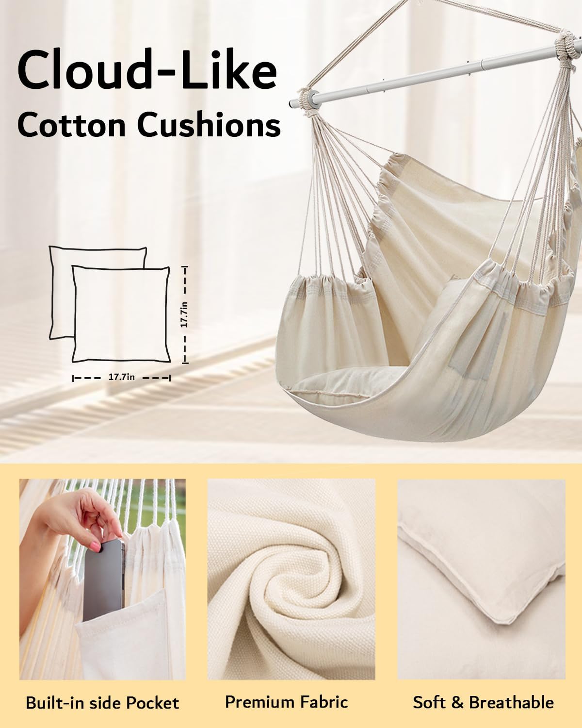 ADVOKAIR Hammock Chair Swing, Heavy-Duty Hanging Rope Swing Seat Supports 500 Lbs, Ideal for Outdoor Patio, Backyard, Porch, Deck & Indoor Bedroom Use - Image 4