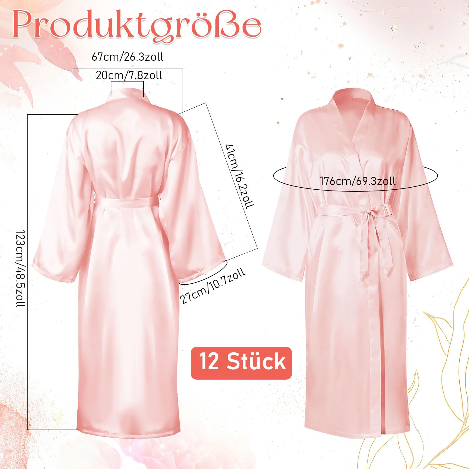 12 Stück Damen Satin Bademantel Morgenmantel Lang Brautjungfernkleid Hochzeitsfeier Kimono Seidenroben mit Gürtel Kimono V-Ausschnitt Morgenmantel für Spa Haus und Hotel (Rosa)
