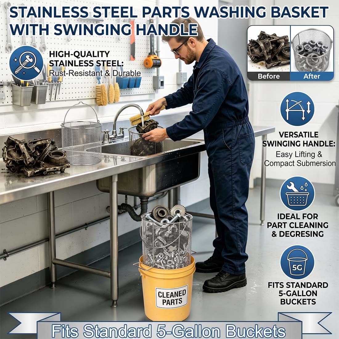 Stainless Steel Parts Washing Basket with Swinging Handle
