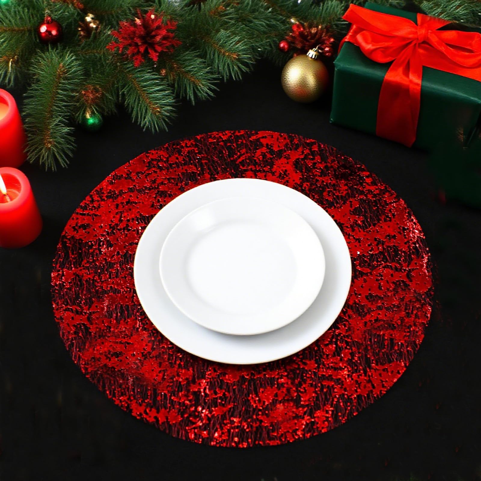 Rote Einweg-Tischsets, Set mit 50 roten Platzdeckchen, Metallic, dünnes Netz, rund, 33 cm, Glitzerfolie, gepresst, Esstischdekoration, Tafelaufsätze für Party, Hochzeit, Geburtstag