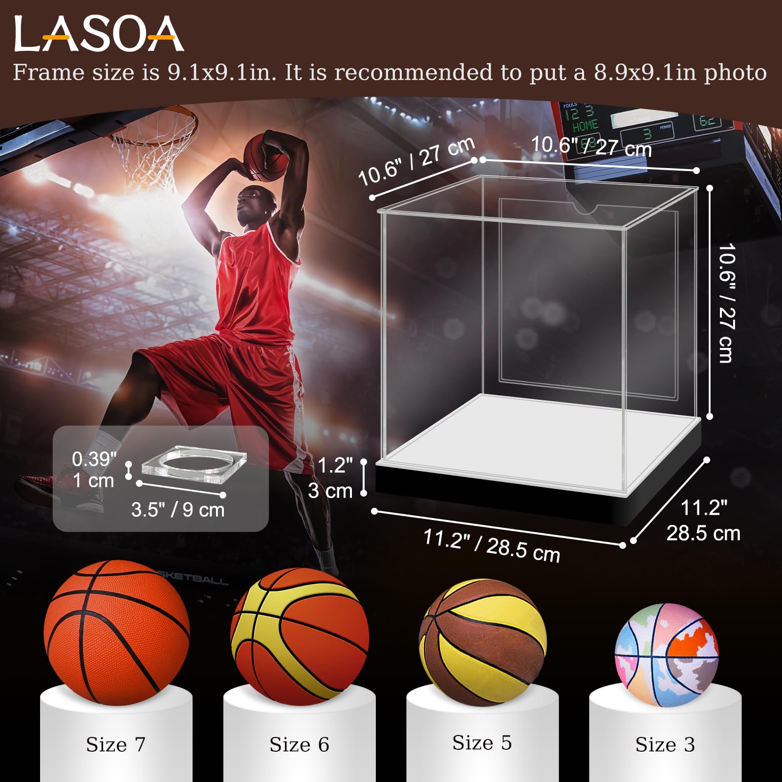 LASOA Basketball Display Case with RGBW LED Light, Self-Assembly Acrylic Display Box for Memorabilia, UV Protection Dust Proof for Full Size Autographed Ball with Ball Stand and Photo Holder