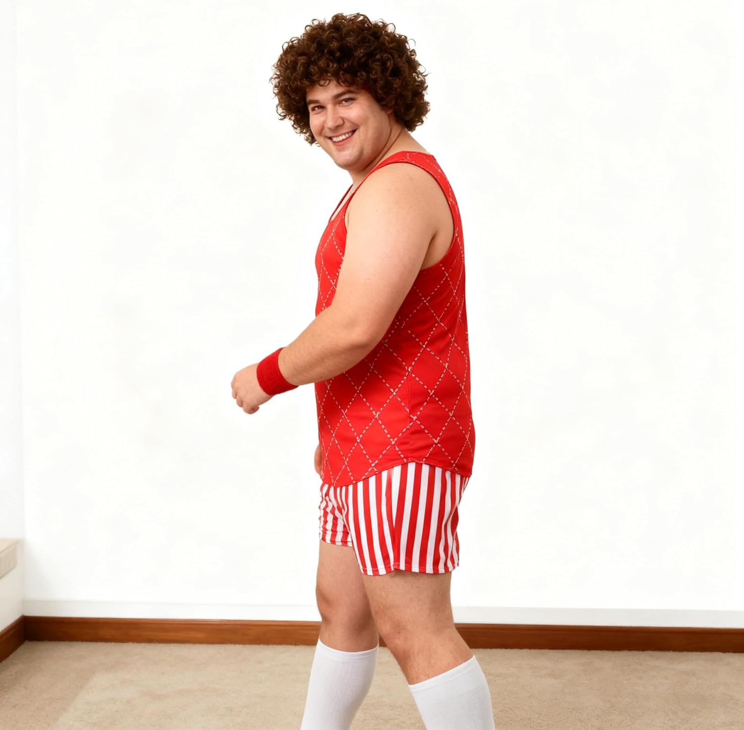 Mens Richard Simmons Costume 80s Fitness Instructor Workout Outfit Womens Afro Wig Halloween Party Dress Up Sets