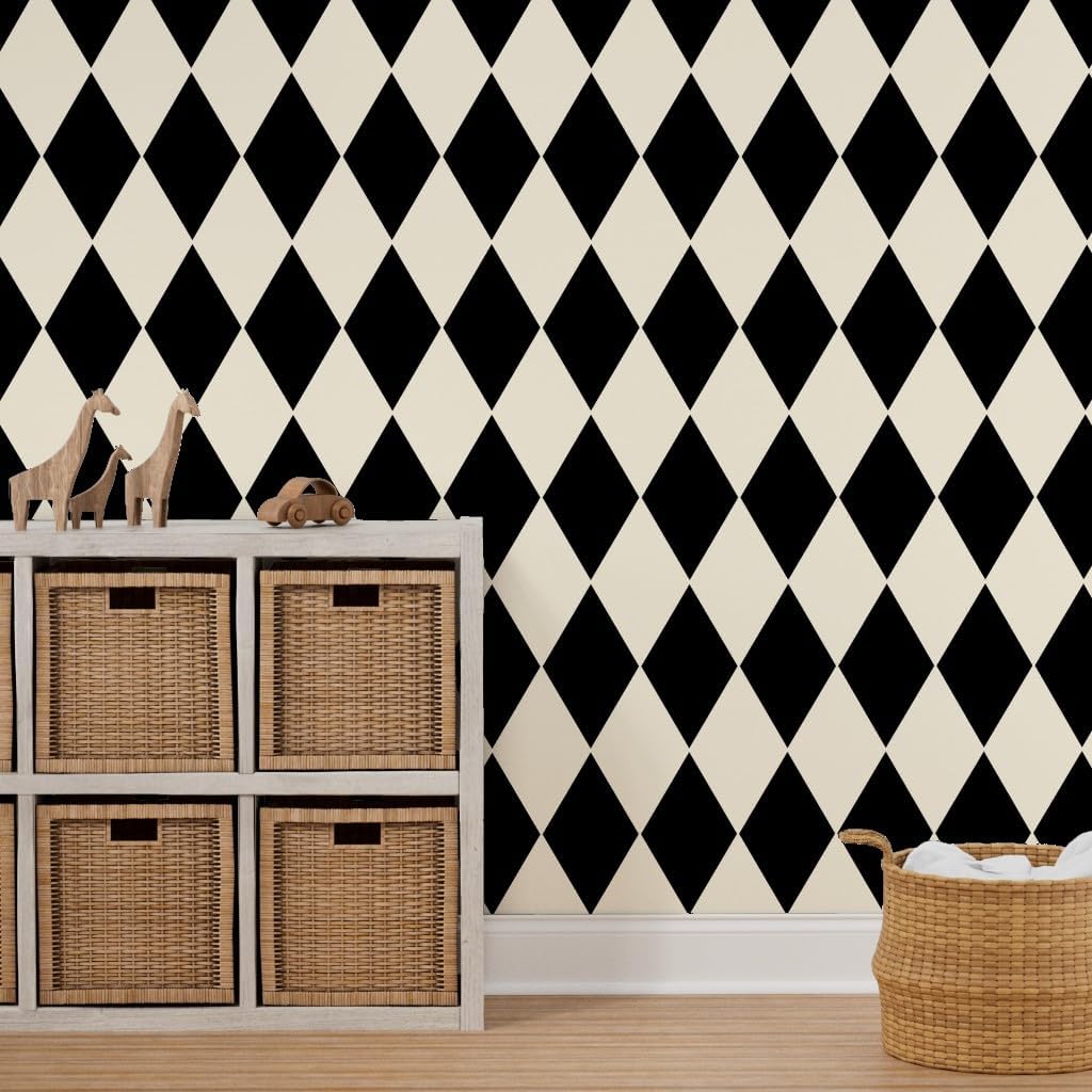 Peel & Stick Wallpaper 3ft x 2ft - Diamonds Cosmic Latte Black Large Cream Geometric Squares White Checkered Custom Removable Wallpaper by Spoonflower