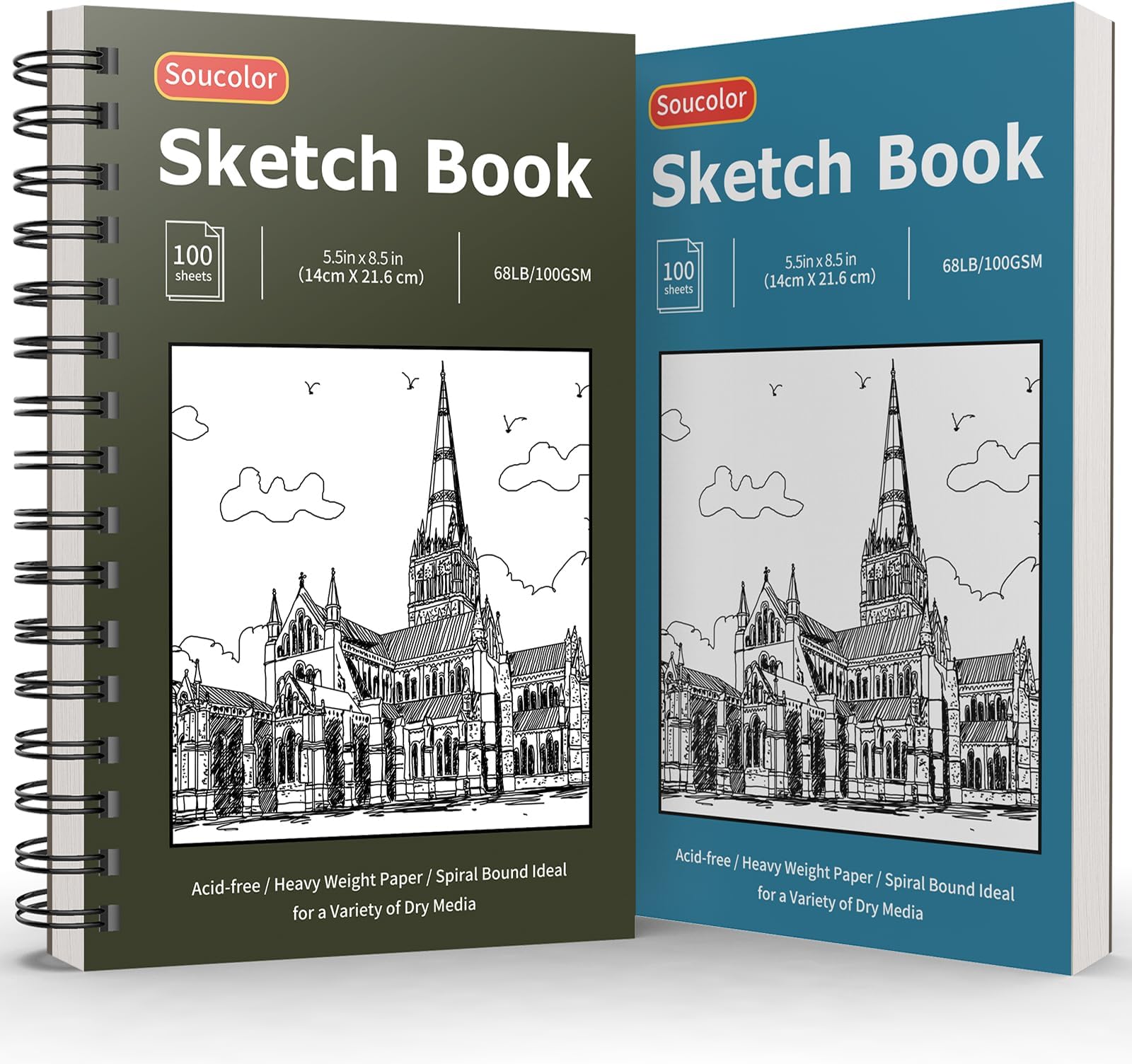 Soucolor5.5" x 8.5" Sketch Book, 2-Pack 100 Sheets Spiral Bound Art Sketchbook, Acid Free (68lb/100gsm) Artist Drawing Book Paper Painting Sketching Pad, Blue & Green