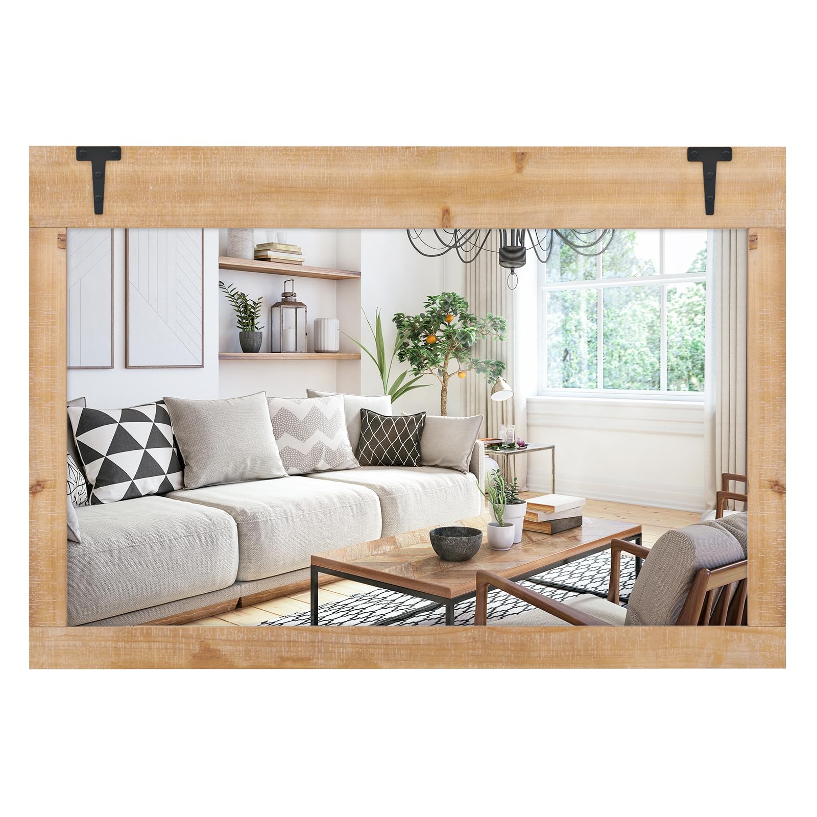 GOPLUS Espejo de Pared, Espejo de Tocador con Marco de Madera de Abeto Rústico, 97 x 67 CM Espejo Rectangular de Baño, Suspensión Vertical/Horizontal, Espejo de Pared para Decoración Salón Dormitorio