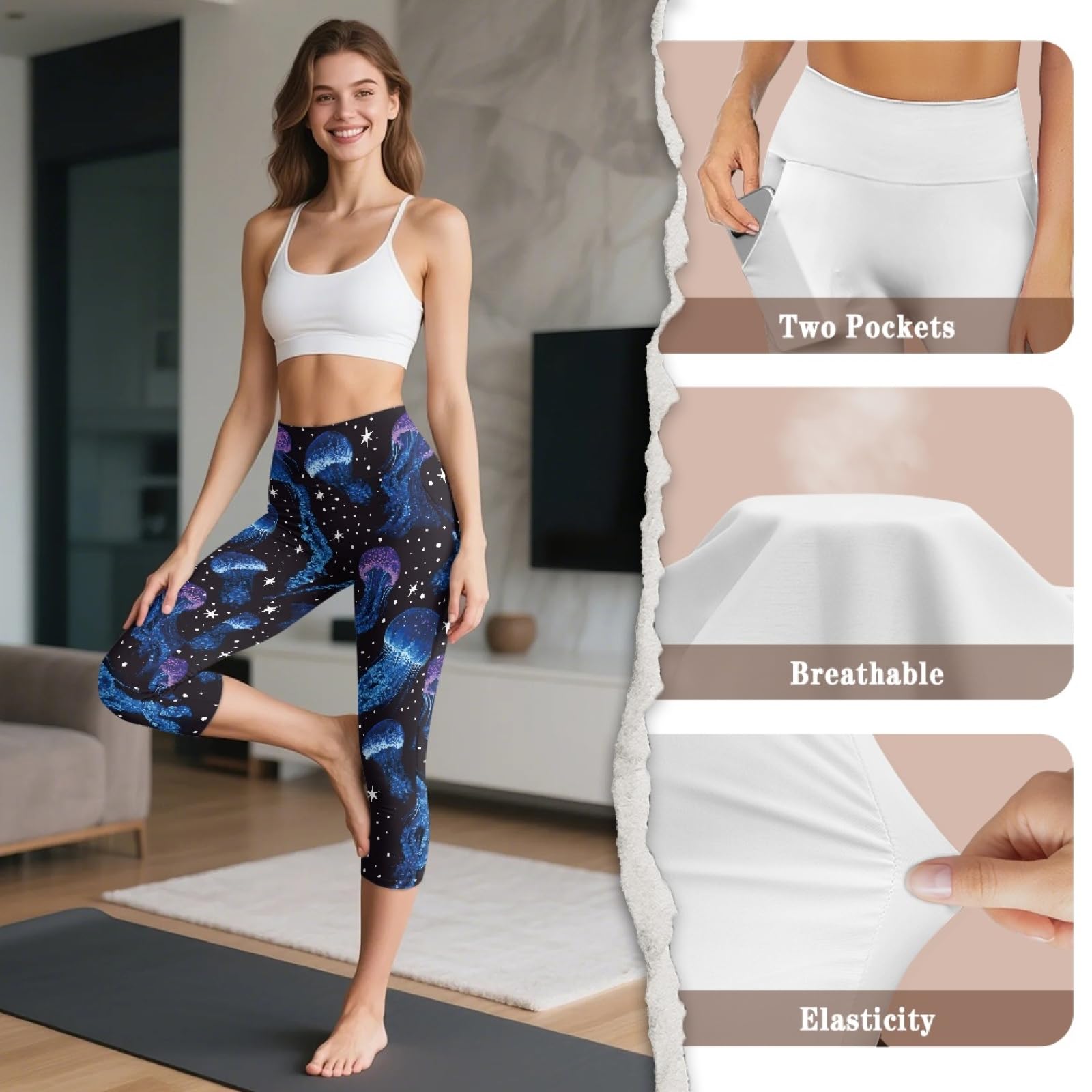 Amzbeauty Pantalon 3/4 taille haute - Legging capri avec panneau de contrôle du ventre - Pantalon actif décontracté extensible pour le sport, la gym, le yoga