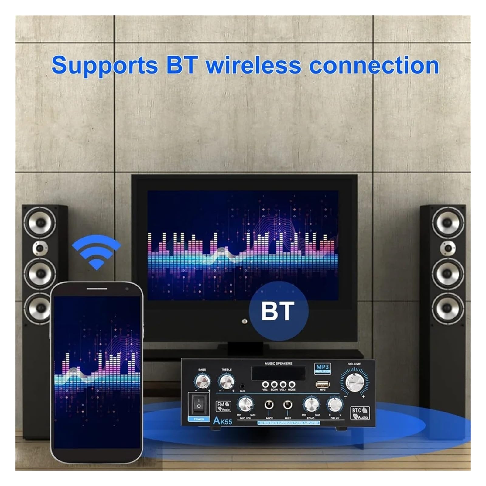 Wzmacniacz audio, Wzmacniacz cyfrowy HiFi Kanał 2.0 Bluetooth Surround Sound AMP Maksymalna moc 90 W x Głośnik do domu, karaoke