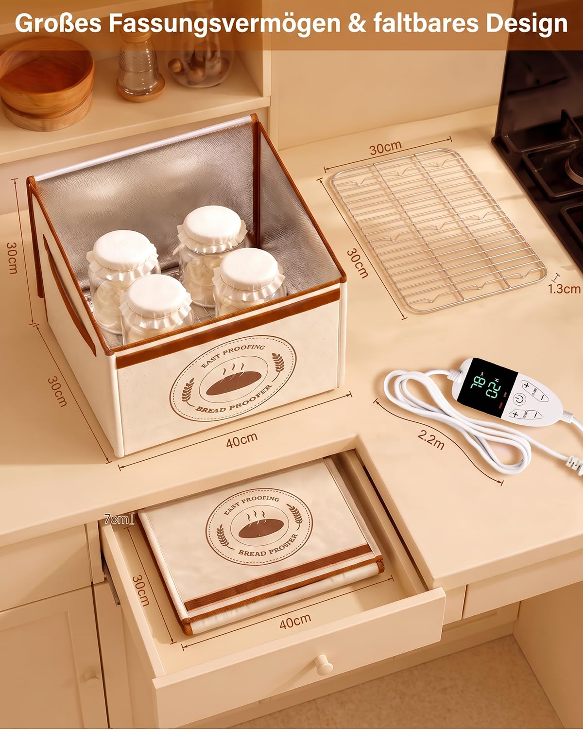 Boîte de fermentation pliable avec réglage de la température de 21 à 50 °C et minuterie de 24 h, boîte de fermentation avec étagère en métal et hygromètre, idéale pour la pâte à sure, le pain, la