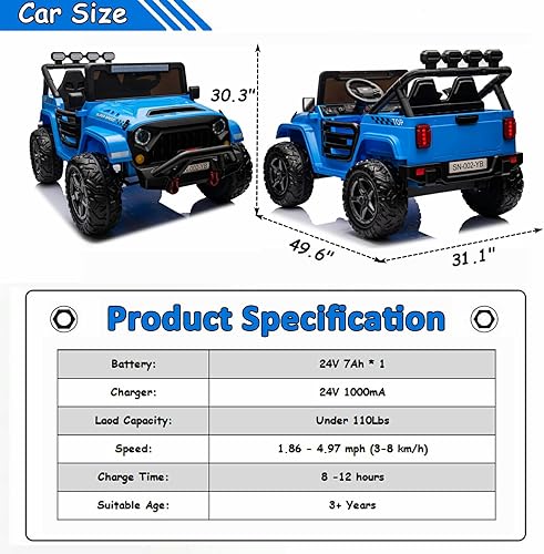 Miniatura 6 de Sopbost Camión de 2 plazas de 24 V con ruedas EVA, auto eléctrico con control remoto, faros LED, suspensión de resorte, color azul