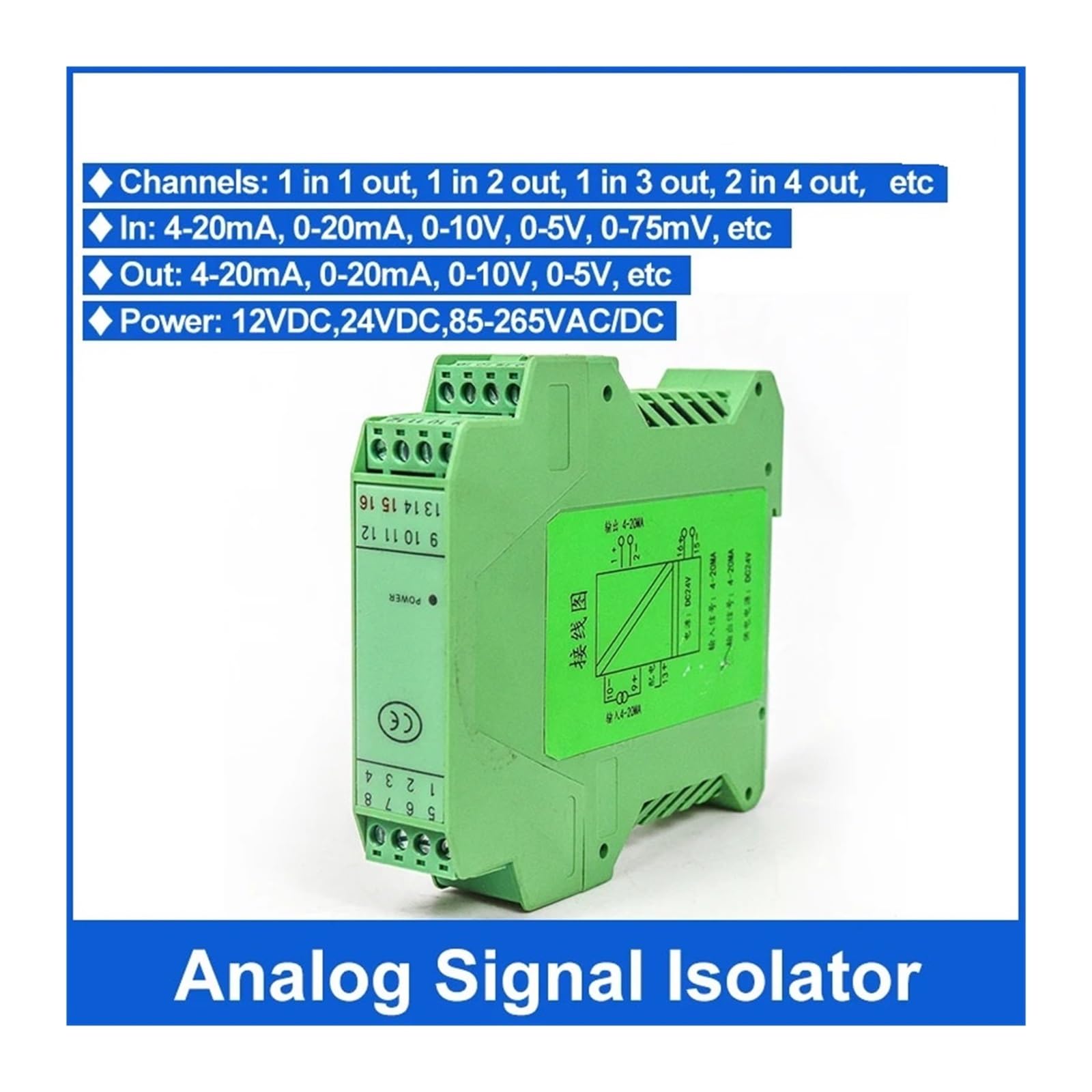 Convertitore di Segnale analogico Rail 0-10v Ingresso 0-20ma Isolatore di Segnale(1 in 2 out)
