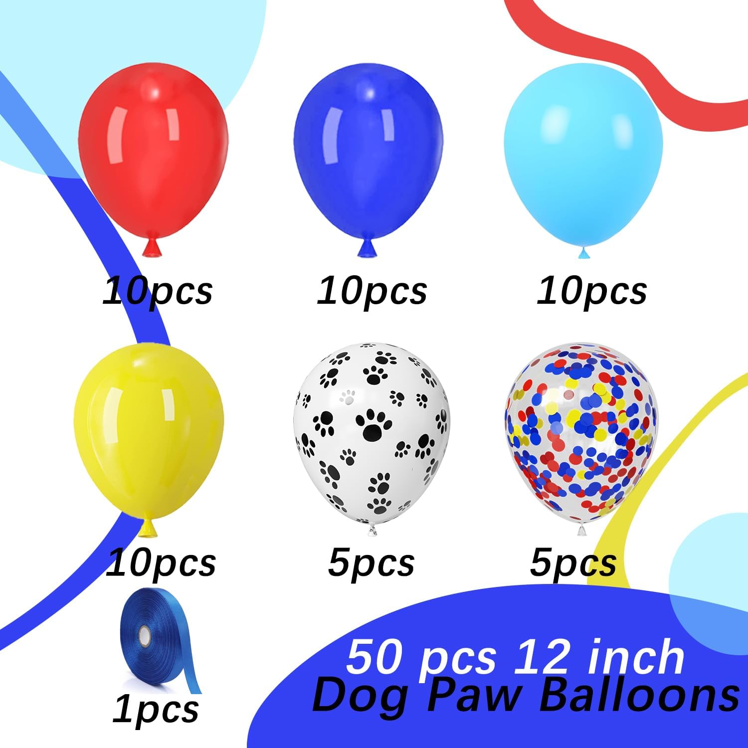 Dog Paw Latex Balloons, 50pcs 12 Inches Royal Blue Light Blue Yellow Red Paw Print Balloons with 1 Ribbon for Dog Birthday Party Decorations