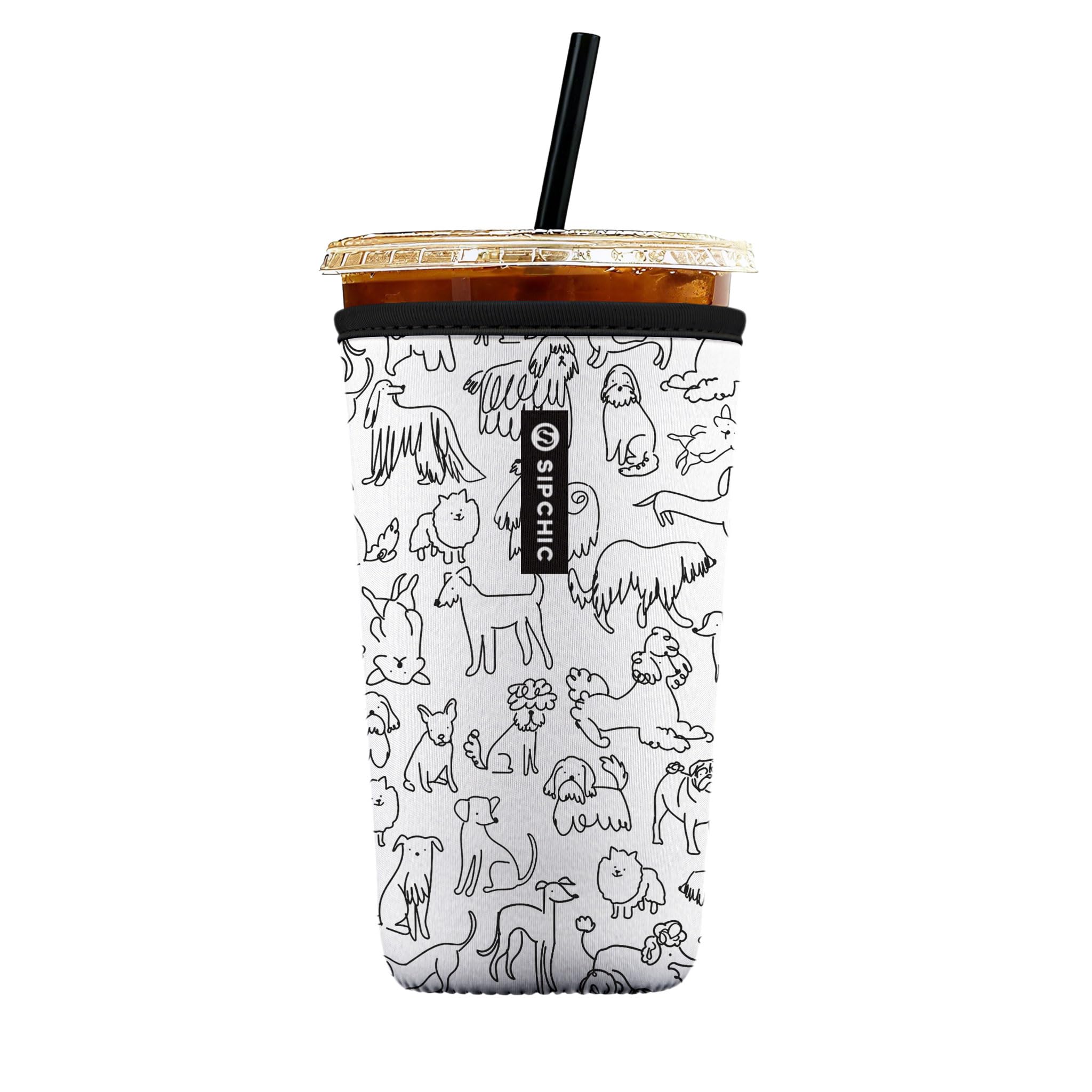 Iced Coffee Sleeve – Neoprene Reusable Cup Sleeves for Drinks, Insulated Drink Sleeves to Keep Hands Dry &amp; Drinks Cold, Stylish &amp; Durable Coffee Sleeves (Puppy Sketch, Large: 30-32oz)