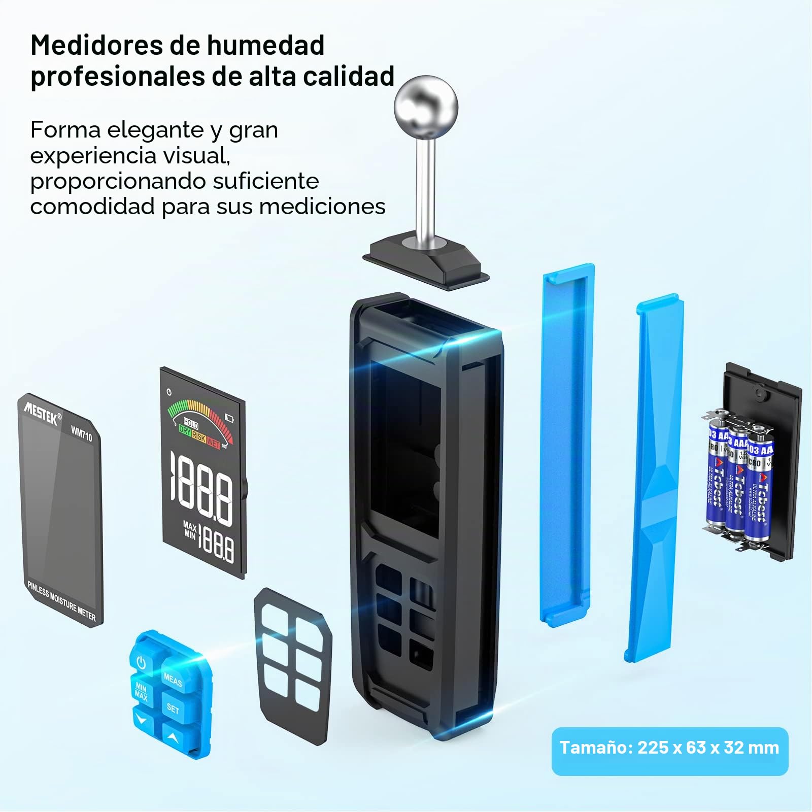 Medidor de Humedad MESTEK Humidímetros 20-40mm Detector de Humedad sin Pin Portátil Humedad Medición Digital Pantalla LCD Alarma para Madera, Paredes, Hormigón, Ladrillo y Materiales de Construcción