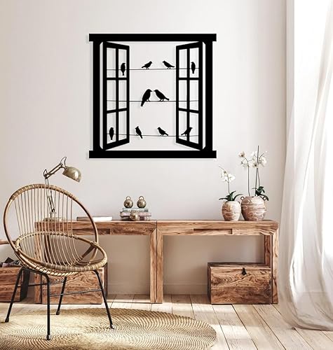 Miniatura 5 de NORTH KAISER Arte de pared de metal  Decoración de pared de ventanas y pájaros  Colgante de pared grande  Decoración del hogar para dormitorio, sala