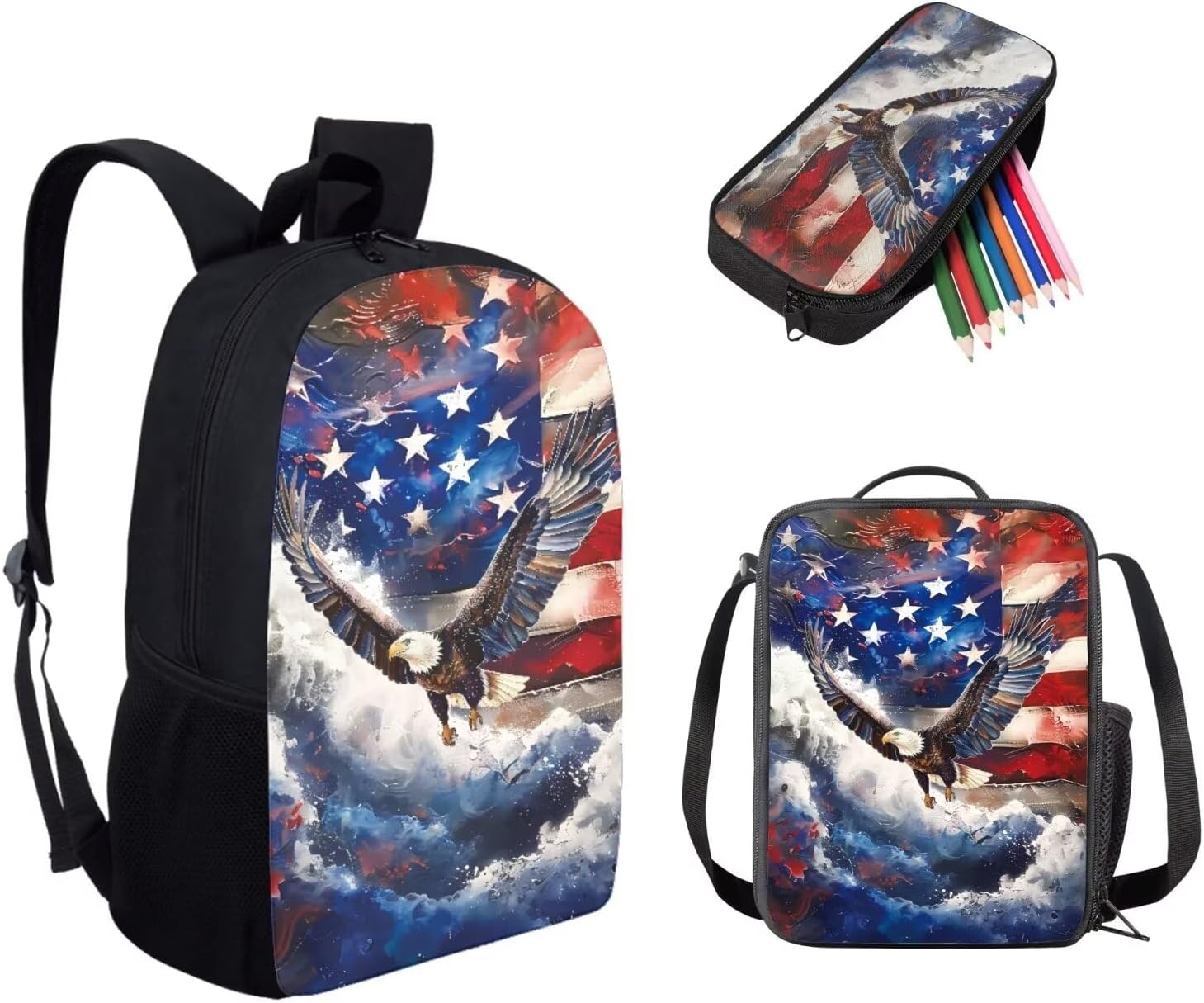 3PCS American Flag Eagle Printed Black Laptop Bookbags for Girls Boys, Student Computer Backpack Lunch Tote Bag Pen Case Organizer