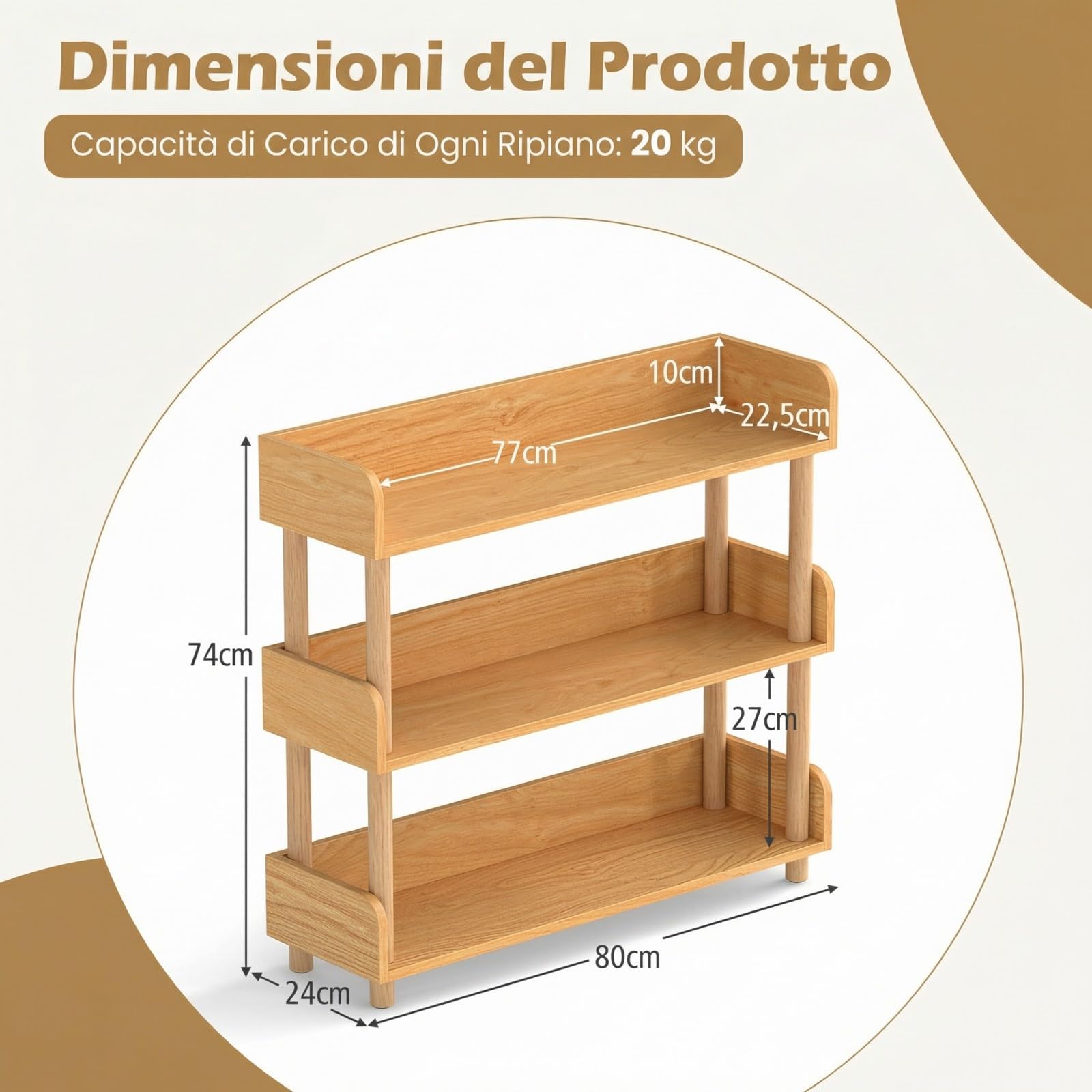 COSTWAY Libreria Verticale a 3 Livelli, Scaffale per Libri Aperto con Gambe in Legno di Pino,Protezione dei Bordi e Kit Antiribaltamento, Libreria Scaffale da Terra per Soggiorno e Camera da Letto
