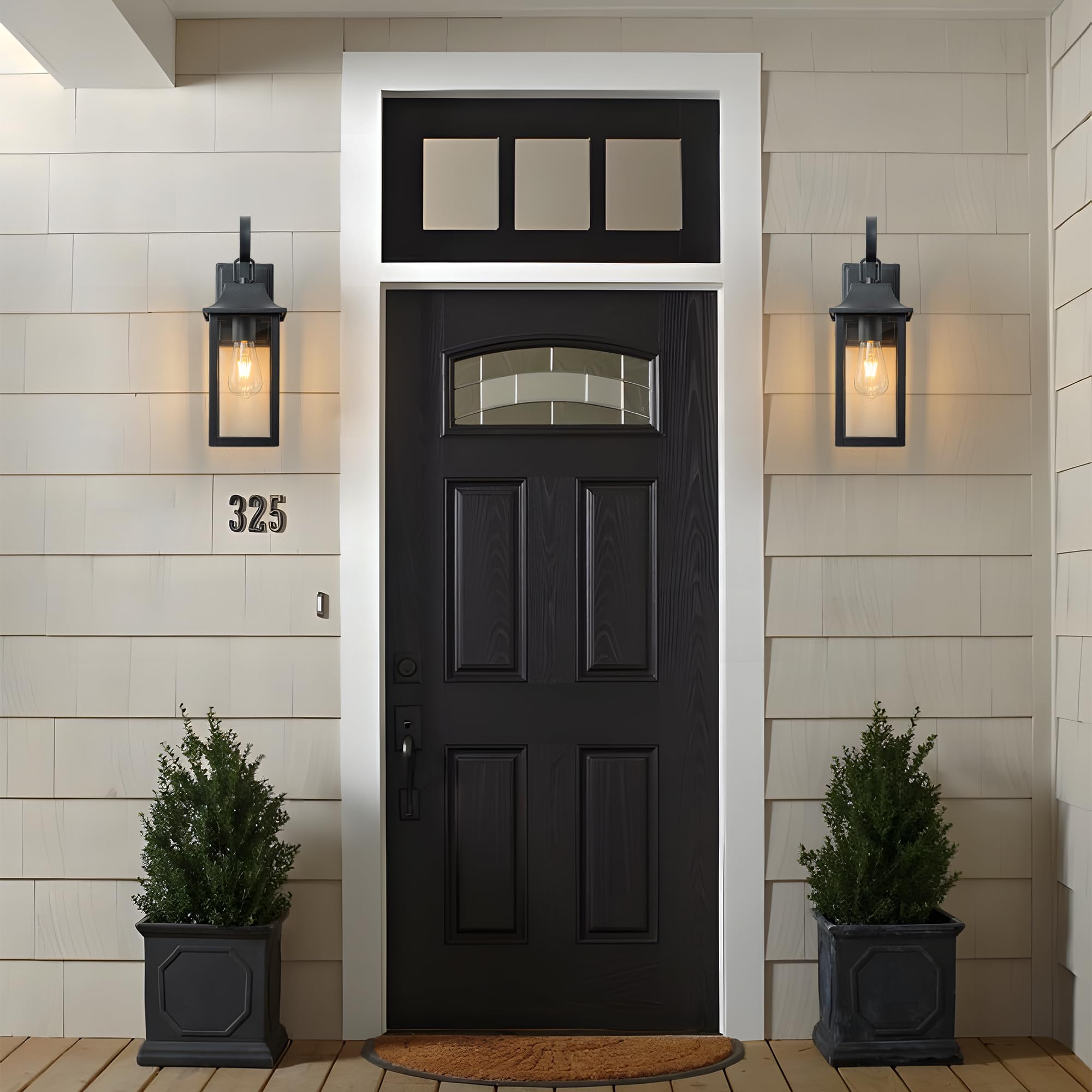 FTL Lampada da Parete E27 Esterno, Grande Portico Applique da Parete, Nero Luci da Esterno a Parete, 60W Max Vintage Lampade Lanterna da Esterno con Vetro, IP44 Impermeabile Luci da Esterno Giardino