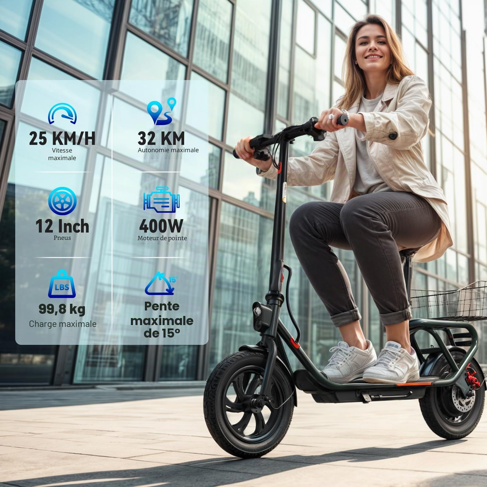 SISIGAD Trottinette Electrique 12 Pouces Trottinette Electrique Adulte Pliable E Scooter avec Panier Amovible, E Roller 36V 7.8AH Batterie 25km/h Maxi Vitesse 300W Moteur, Double Frein & Léger