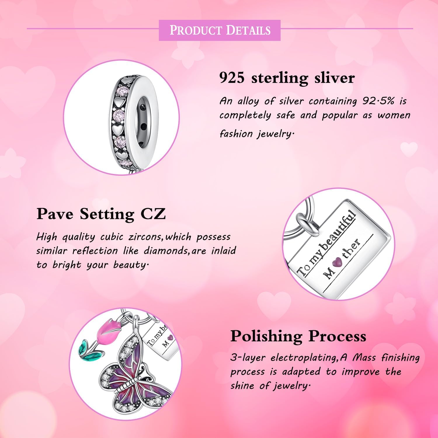 925 Sterling Silver Dangle Charm Beads for Bracelets Charms DIY Jewelry birthday Gift Valentine's Day for Women (Mother’s Day Gift butterfly tulip) - Image 6