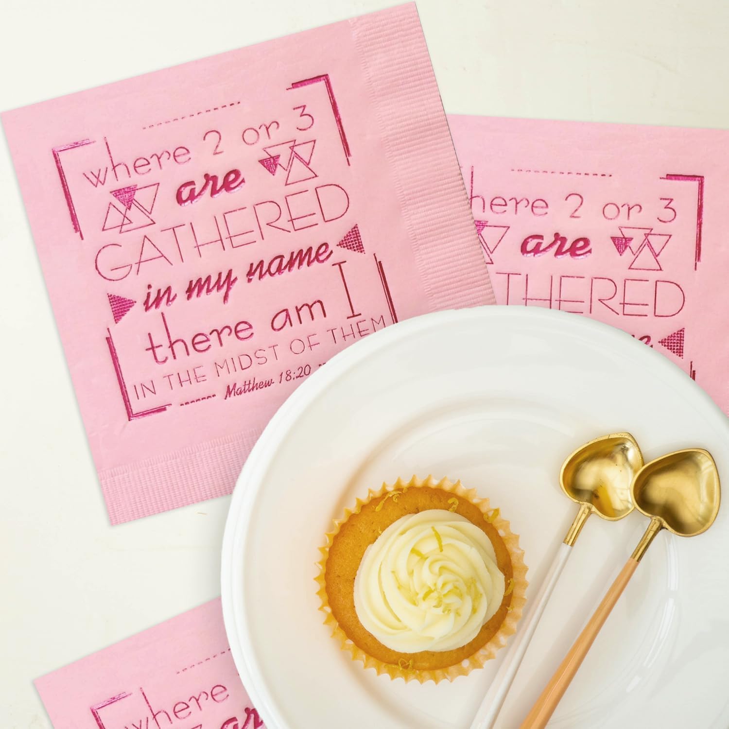 Pink Scripture Napkins With Pink Foil Decorative Typography / 5" x 5" Bible Verse Matthew 18:20/48 Religious 3 Ply Luncheon Napkins/Christian Baptism And Confirmation Dinner Napkins