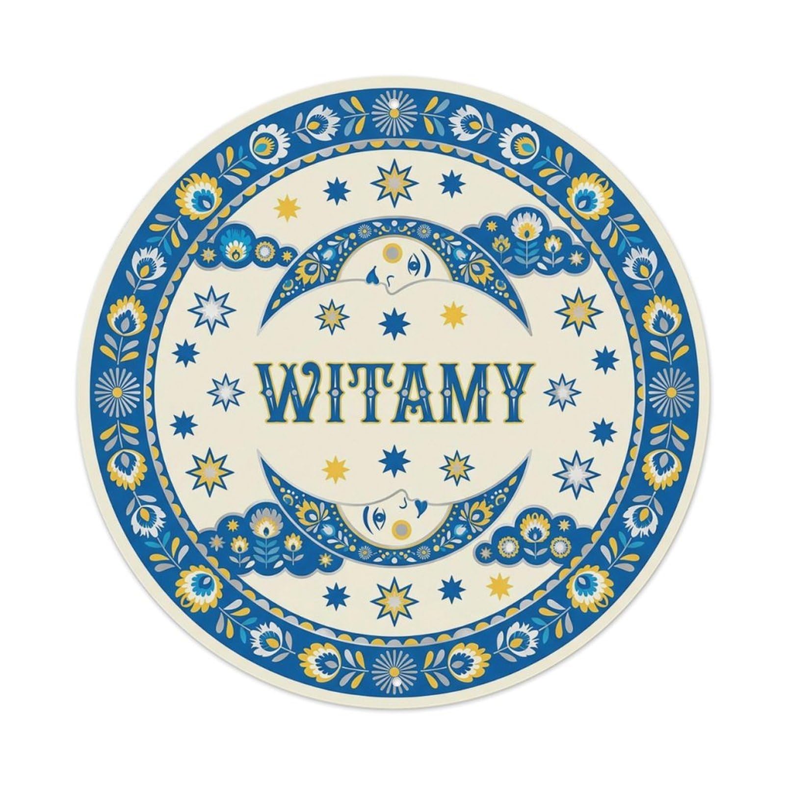 Vintage Polish Folk Art Witamy Welcome Moon Stars Metal Tin Sign