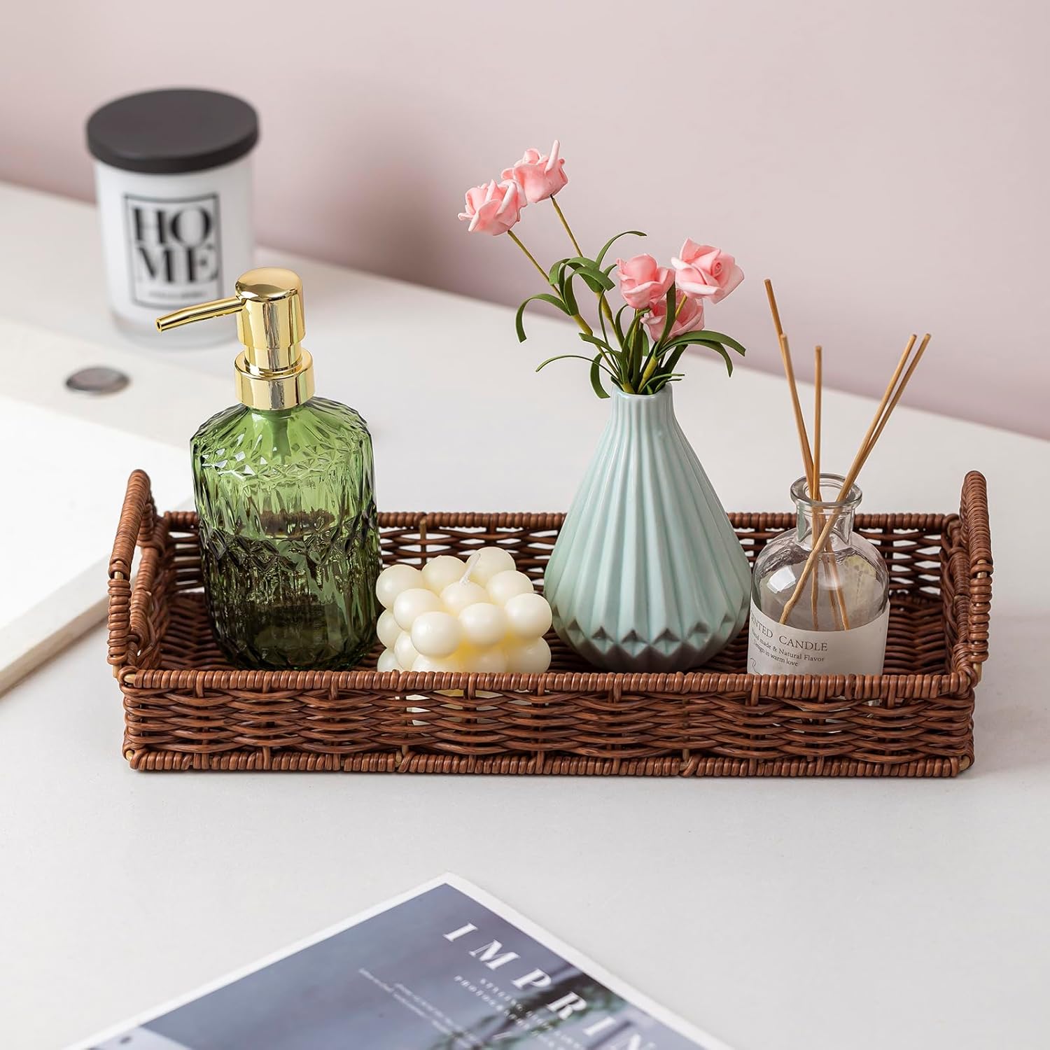 Toilet Tank Tray with Handles - Long Narrow Rattan Style Vanity Tray | Bathroom Sink Organizer, Guest Towel & Napkin Holder, Decorative Storage Basket for Bathroom, Toilet or Guest Room - Image 9