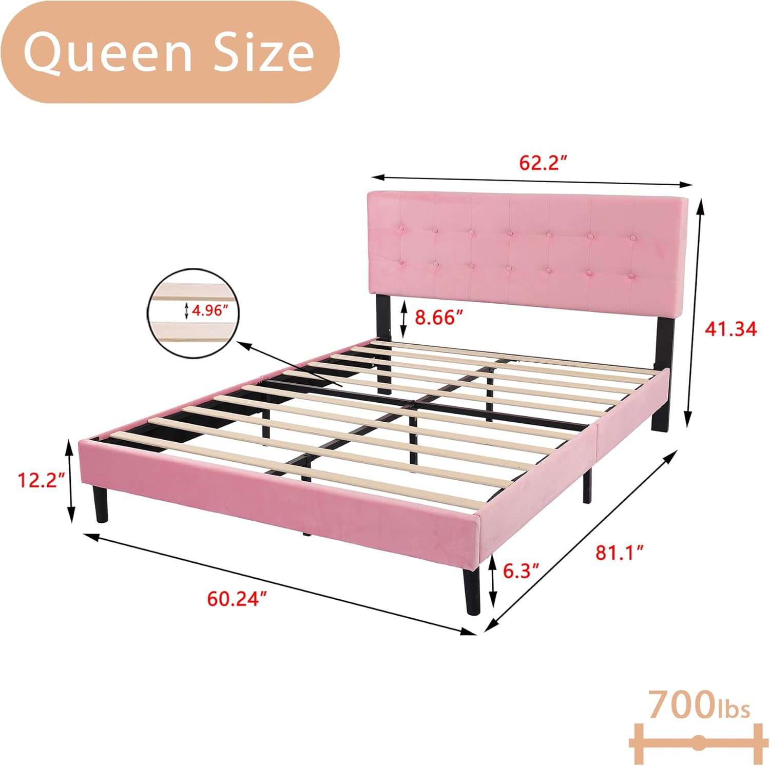 alazyhome Queen Size Upholstered Platform Bed Frame with Button Tufted Velvet Headboard Wood Slat Support Easy Assembly No Box Spring Needed Pink