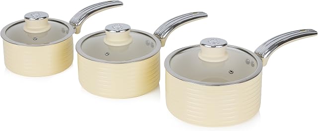 Swan Retro Induction Saucepan Set With Glass Lids, Non Stick Ceramic Coating, Easy to Clean, Cream, 3 Piece, 16/18/20 cm