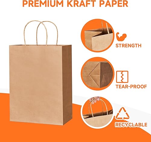 Miniatura 3 de Paquete de 100 bolsas de regalo de papel natural liso mediano de 8 x 4.5 x 10.8 pulgadas con asas, a granel, bolsas de papel kraft marrón para