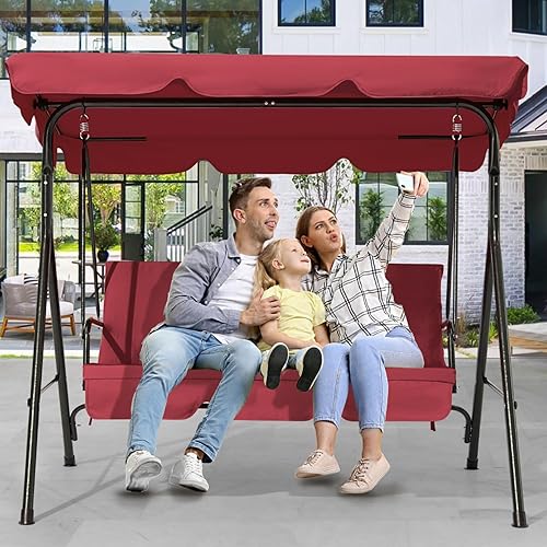 Miniatura 5 de Columpio de patio de 2 asientos, columpio al aire libre con cojines extraíbles, toldo ajustable para patio trasero, porche, jardín, asiento de tela,
