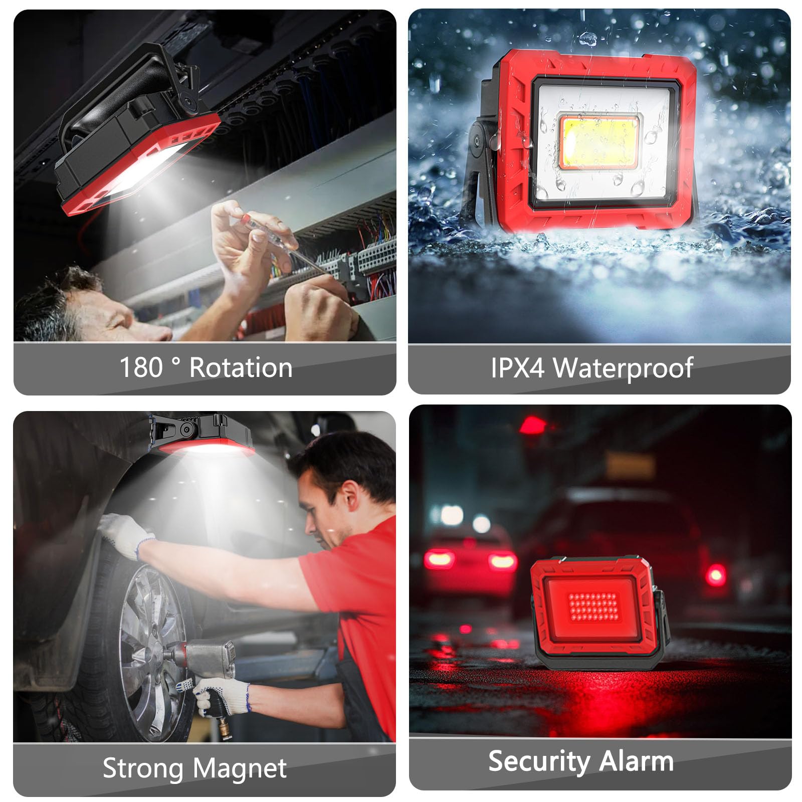 Lampada da lavoro a LED, 2000 lumen, super luminosa, ricaricabile, portatile, con base magnetica, per garage, officina, cantiere, campeggio (rosso)