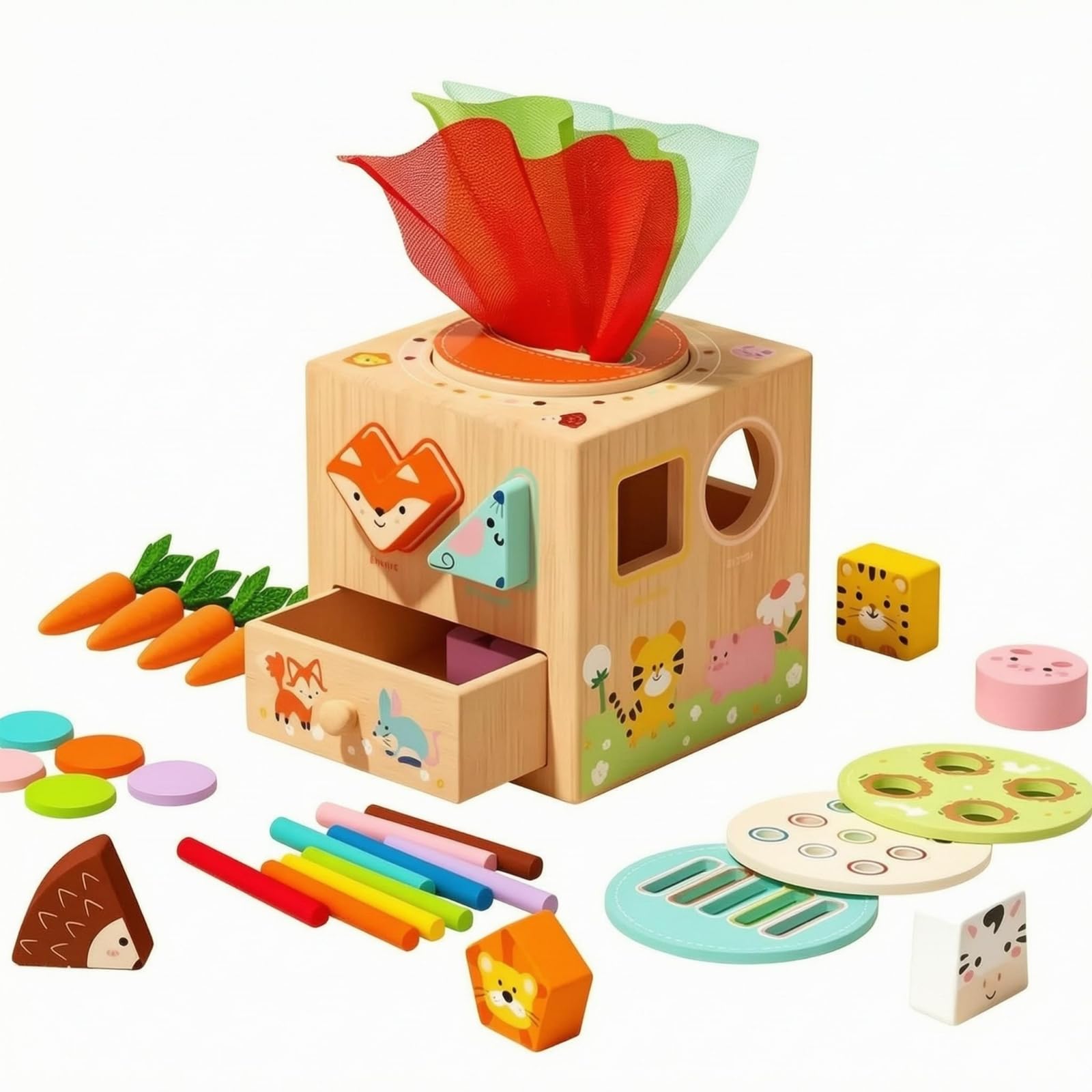 Qianly Cubo attività Educativo Apprendimento Precoce Cubo Multiattività in Legno Coordinazione Occhio-Mano Classificatore di Forme in Legno