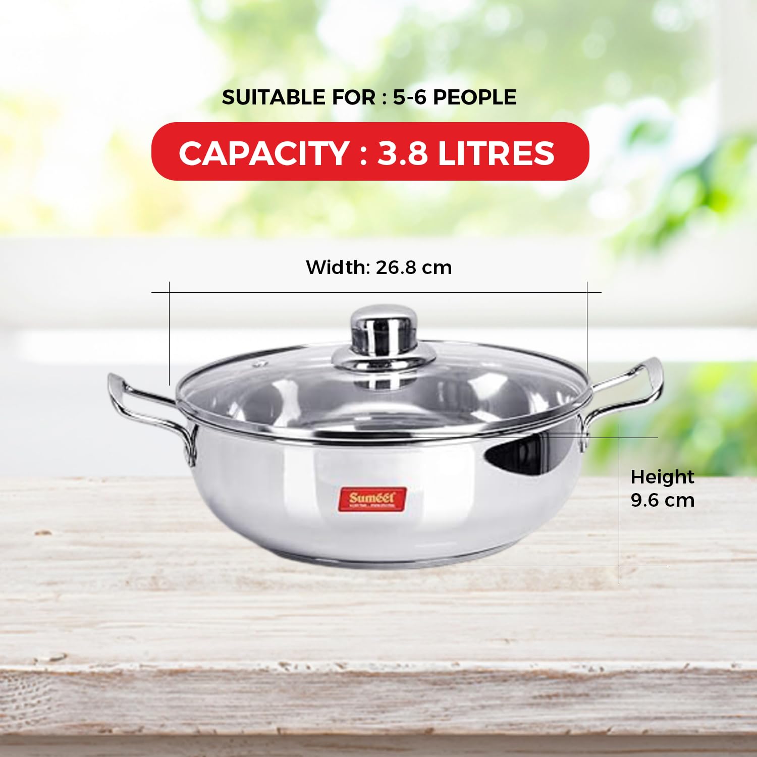 Sumeet Stainless Steel Induction Bottom (Encapsulated) Kadhai with Glass Lid Size No.15 (3.8 L, Silver) 4