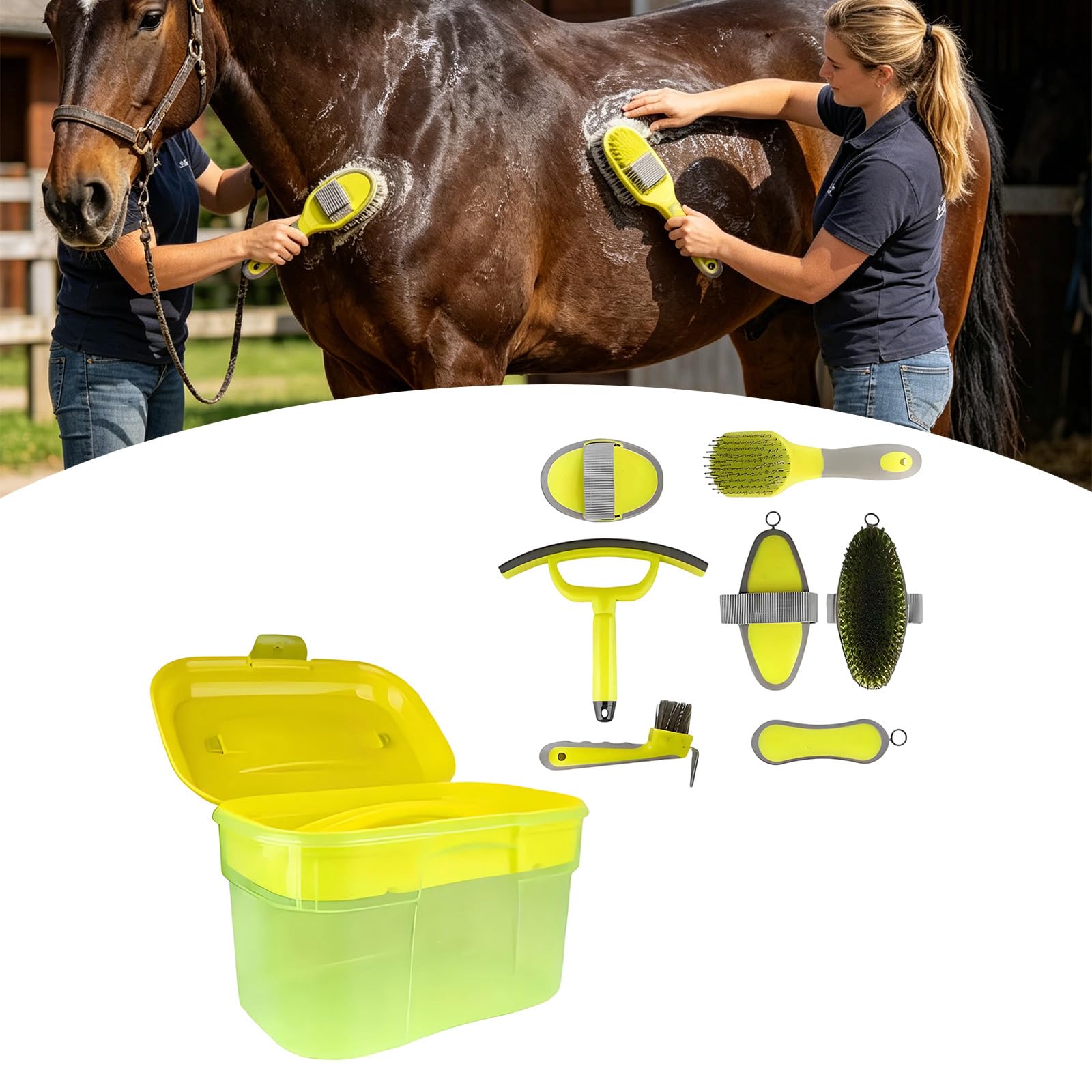 Juego de cepillos para el cuidado del caballo con caja de transporte, herramientas de aseo con peine, púa de pezuña y raspador para uso diario estable, preparación de espectáculos y entrenadores