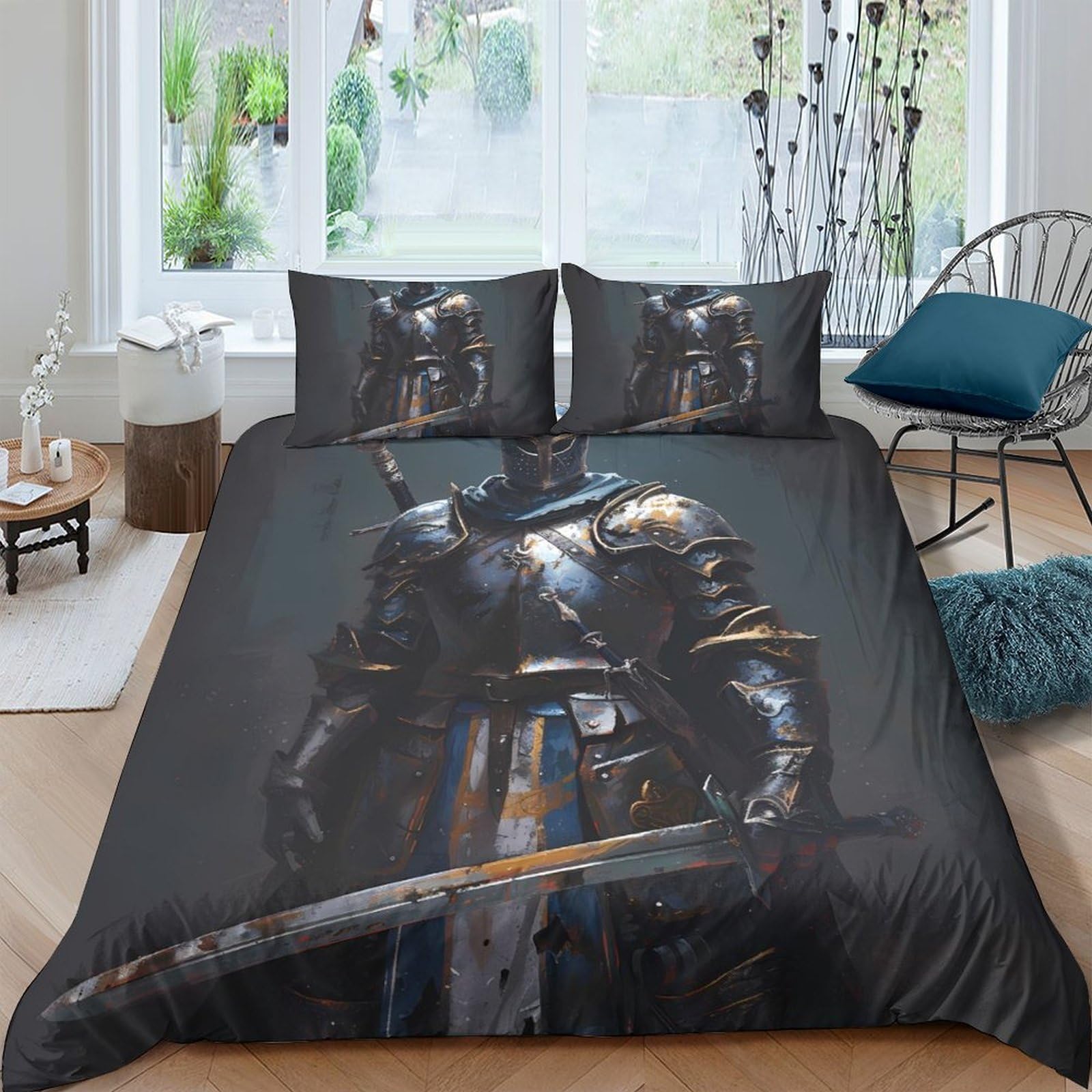 Ctjqhvkz Style-2 3D Printed Knight Armor Fitted Sheet Microfiber Dark Medieval Bed Cover For Bedroom Dorm Mattress Protection Decor Single（135X200cm）