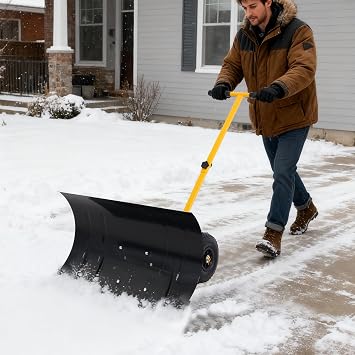29 Snow Shovel for Driveway, Heavy-Duty Metal Snow Plow with Wheels, 5 Level Adjustable Angle, Height Handle & Blade Angle, Ergonomic Angle Handle Snows Removal Tool for Doorway Sidewalk, Yellow