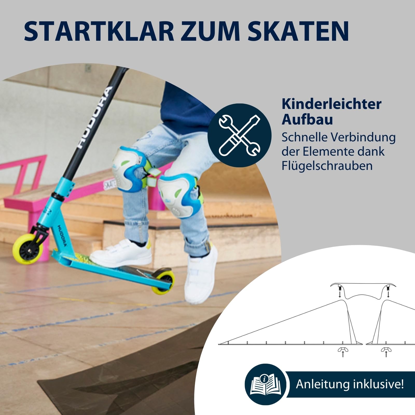 HUDORA Skaterrampe I 3-/5-teiliges Skateboard Rampenset für Hof & Garten I vielseitige Mini Skateboardrampe aus Kunststoff für Kinder & Jugendliche bis 60/80kg I Skatepark Equipment für Zuhause