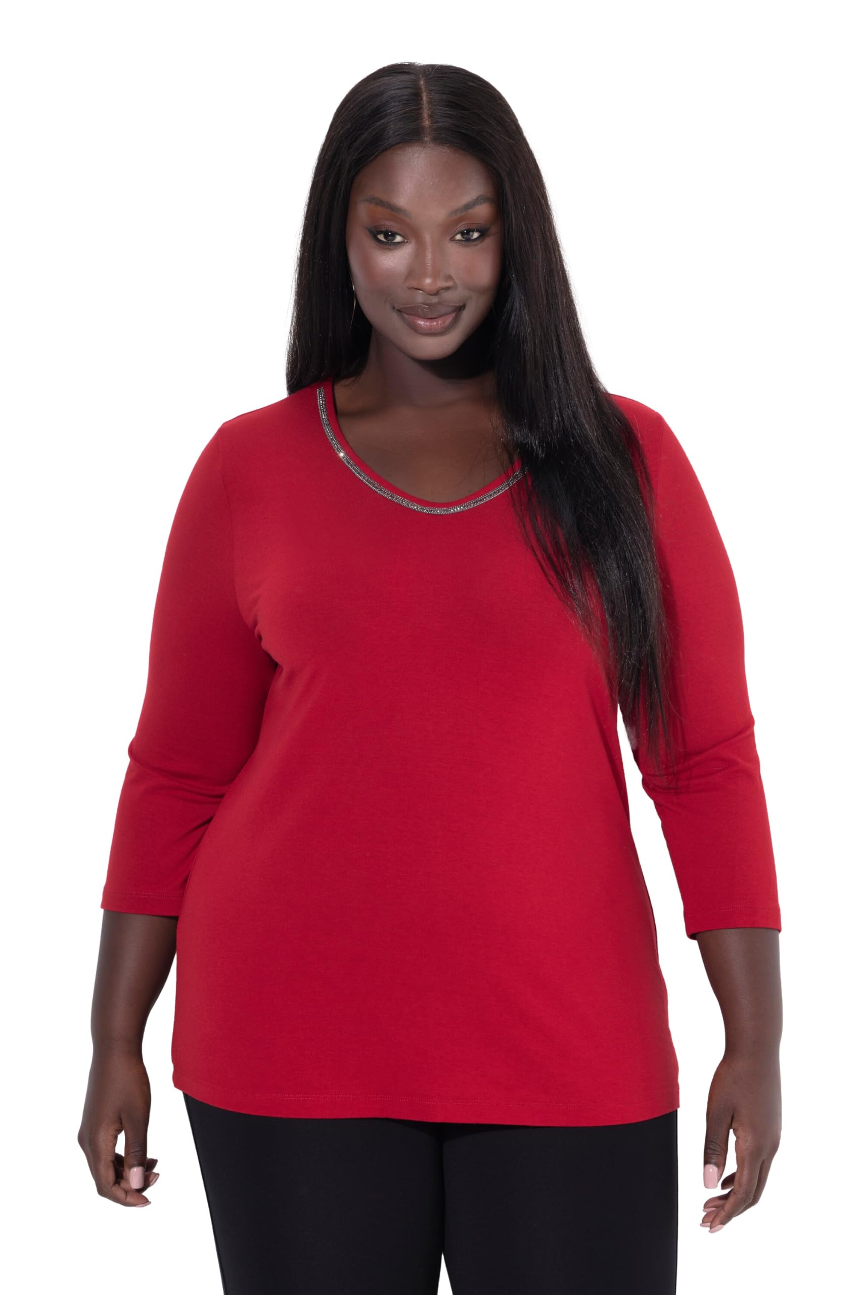 Ulla Popken Damen große Größen Übergrößen Plus Size Shirt, Zierband, Classic, V-Ausschnitt, 3/4-Arm 843239