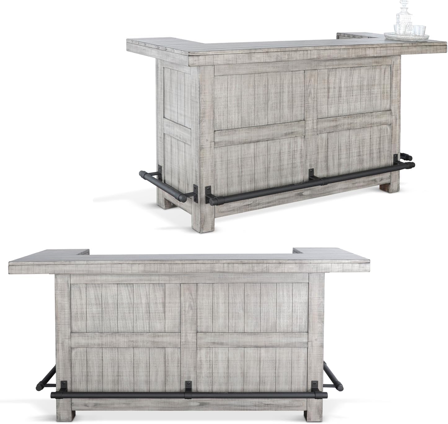 Pemberly Row Traditional Mahogany Wood Home Bar, Gray Finish, 42"H x 80"W x 28"D, Wine and Glass Storage, Pull-Out Tray, Stemware Rack, Felt Lined Drawers, Adjustable Shelf for Home Entertainment Use