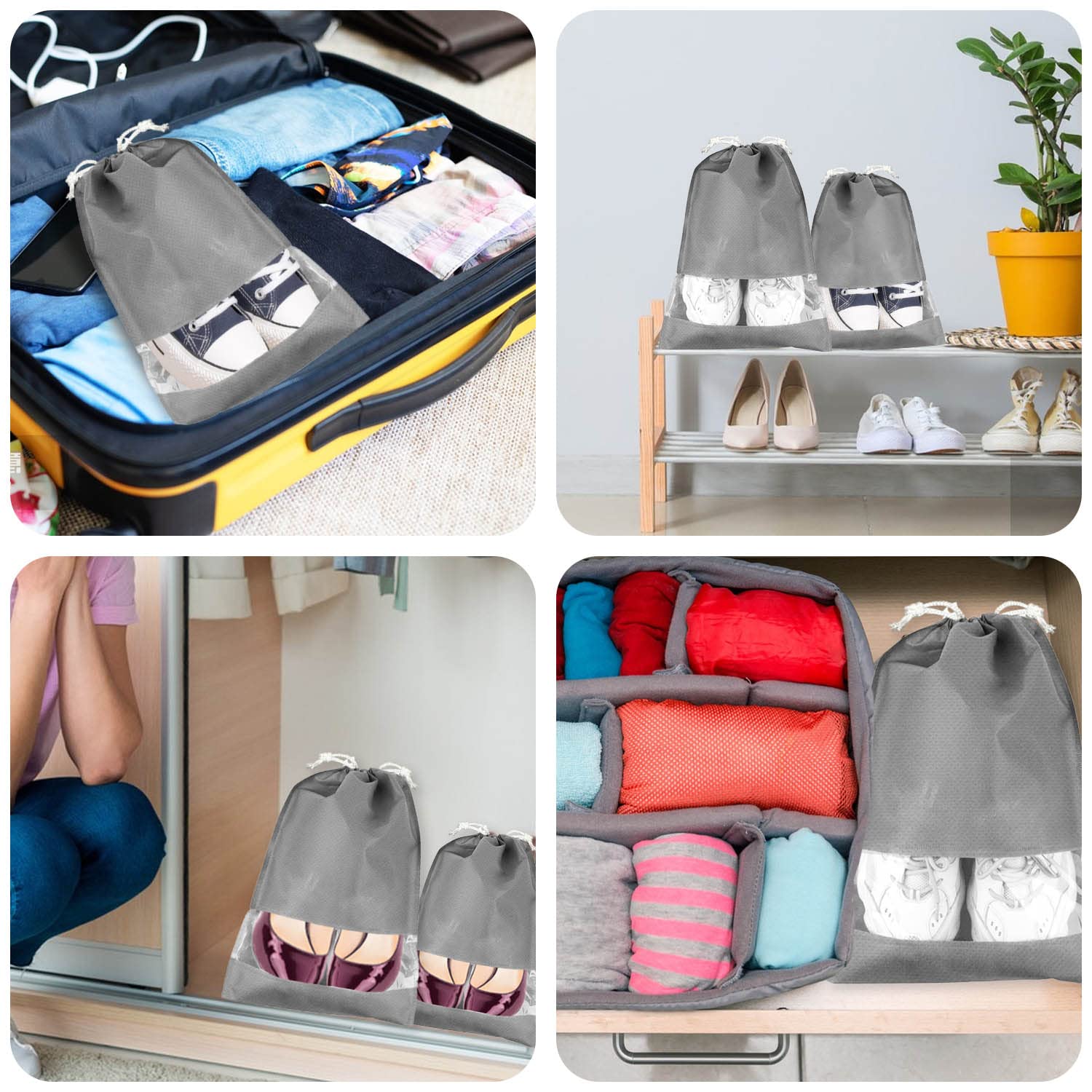 Lovesmile Torba na buty, 10 sztuk, włóknina, zapięcie na sznurek, szare, 2 różne rozmiary, pyłoszczelne, wodoodporne, lekkie, przezroczyste okienko, 10 szt, Szary, Czas wolny