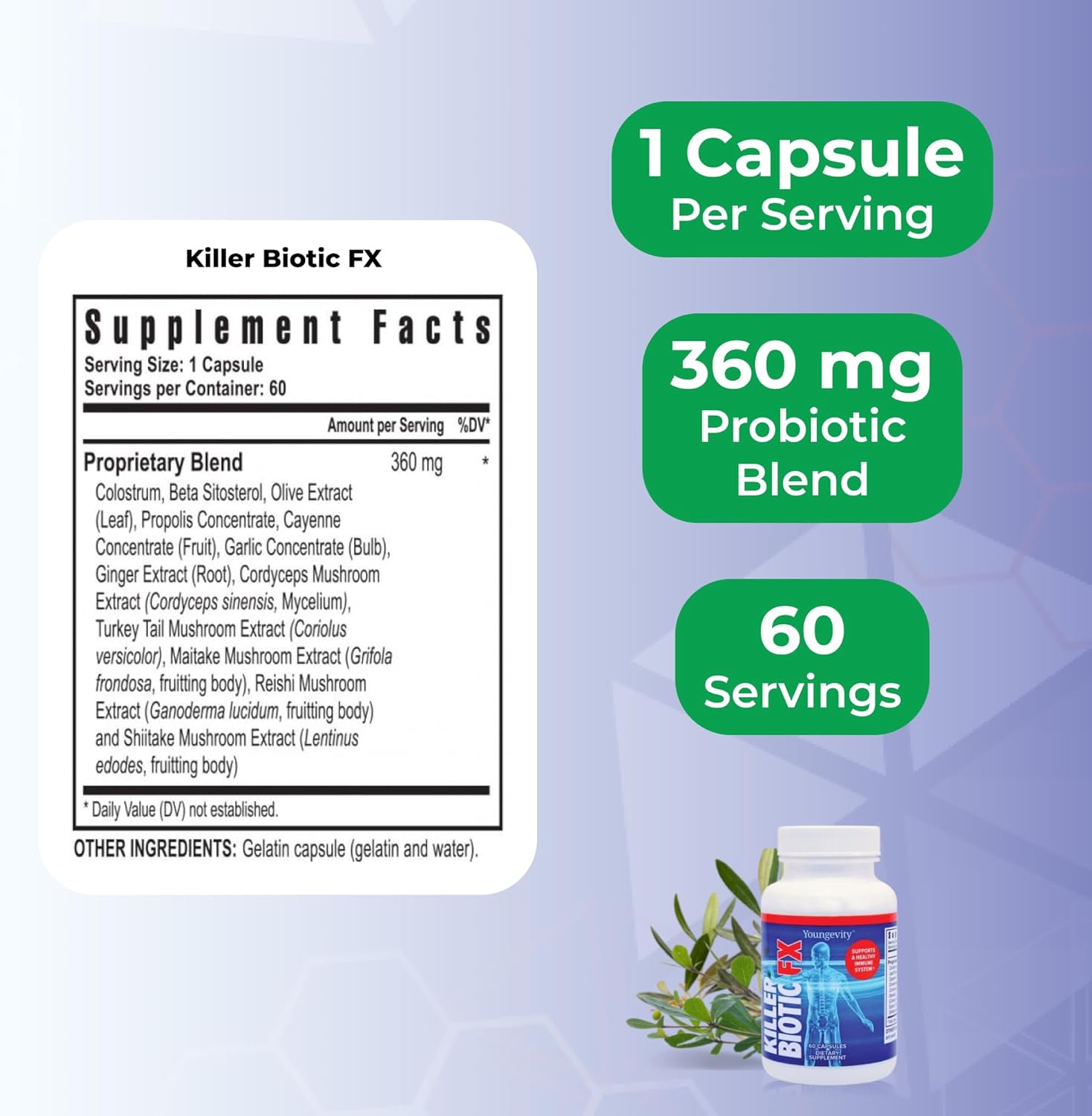 Youngevity Killer Biotic FX - Immune System Support | Sourced from Bee Propolis, Mushrooms & Colostrum | Natural Immunity Support | 60 Capsules