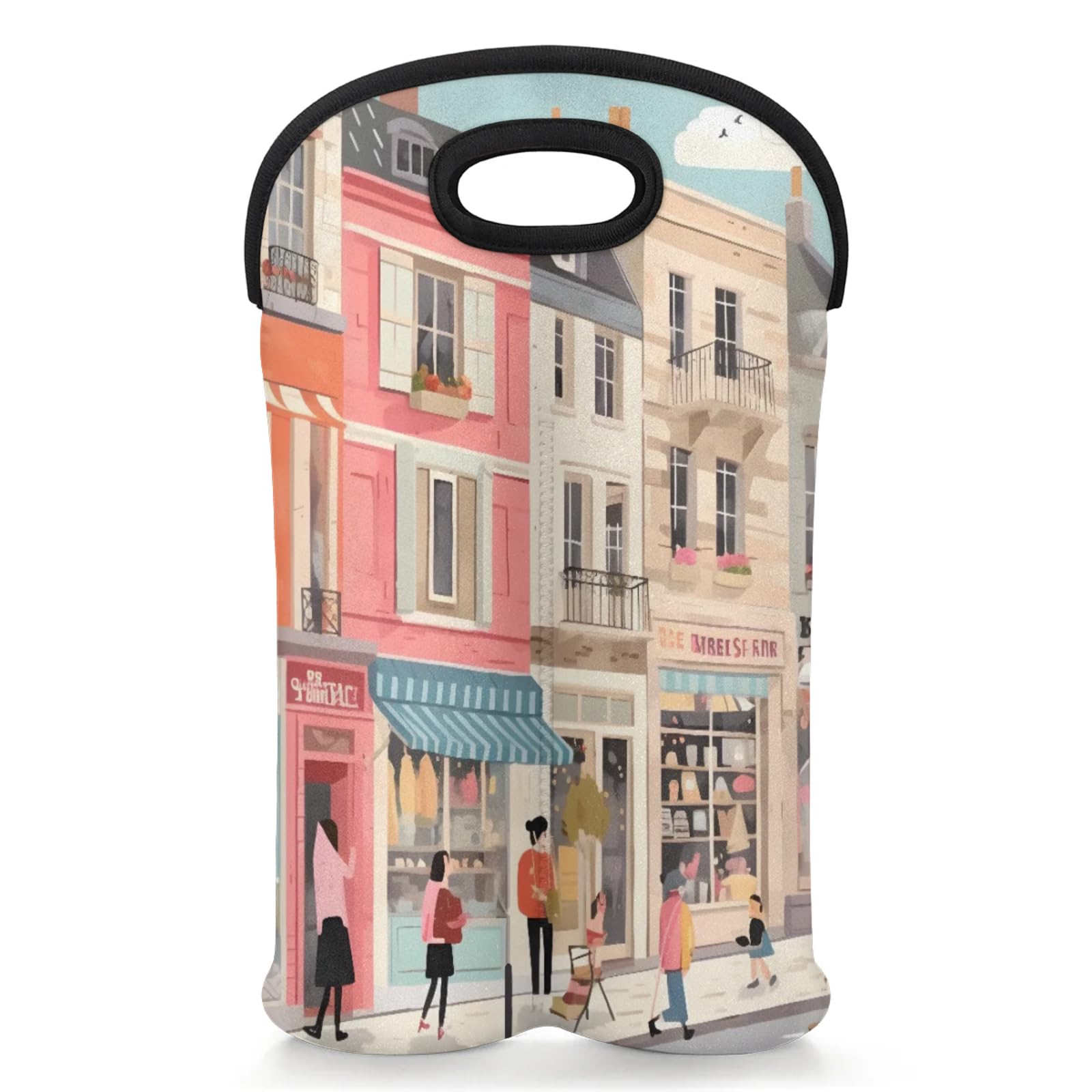 GzLeyigou 2 Bottles Street View Wine Bag Sleeve Totes Neoprene Protective Wine Carrier Bag for Wine,Water, Champagne, Beer, Baby Bottles,Gift 14.5 x 10 Inches
