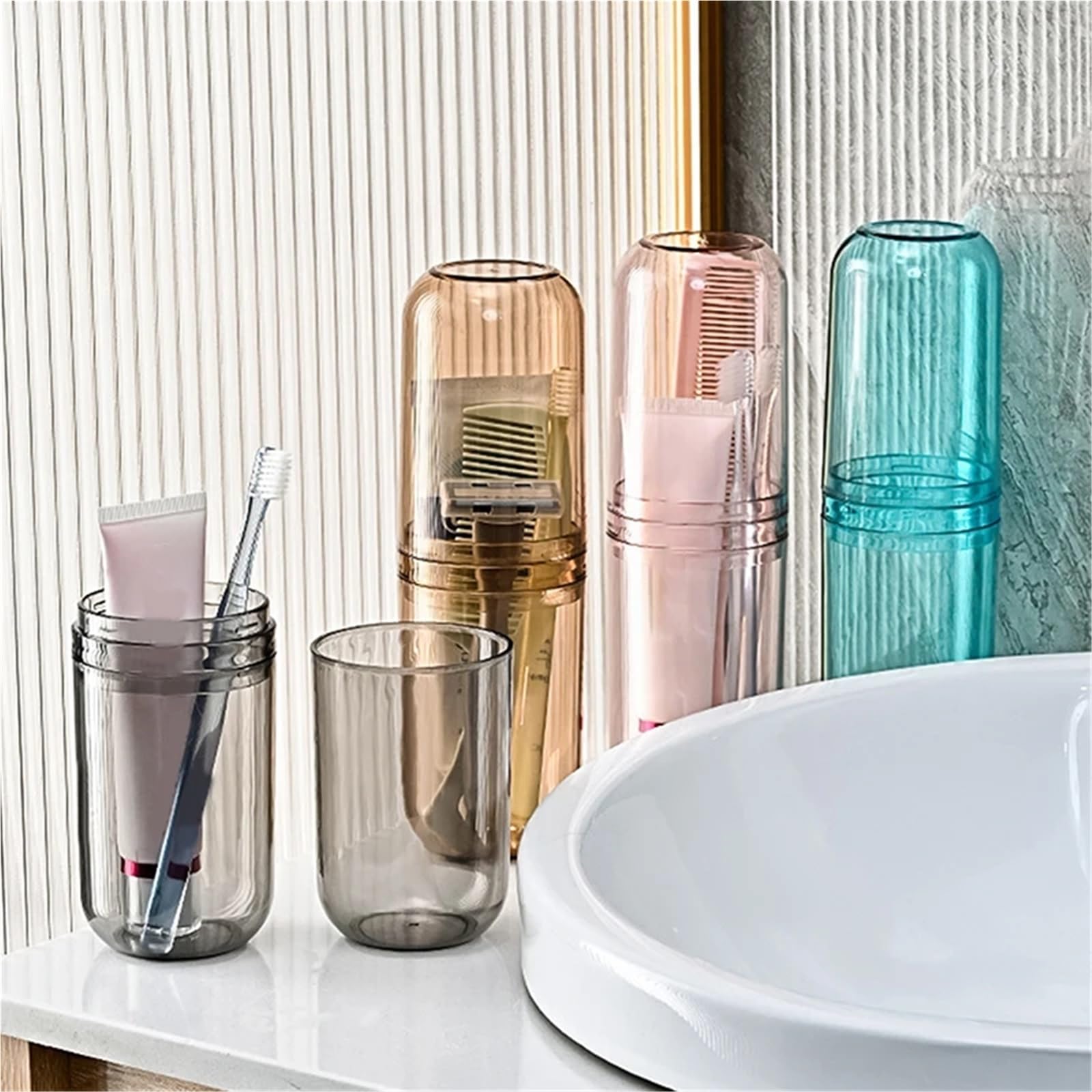 Porta Spazzolino 3 Pezzi portaspazzolino da Viaggio Organizer da Bagno Portatile for Lavare la Tazza, Scatola portaspazzolino in plastica, collutorio(Gray)