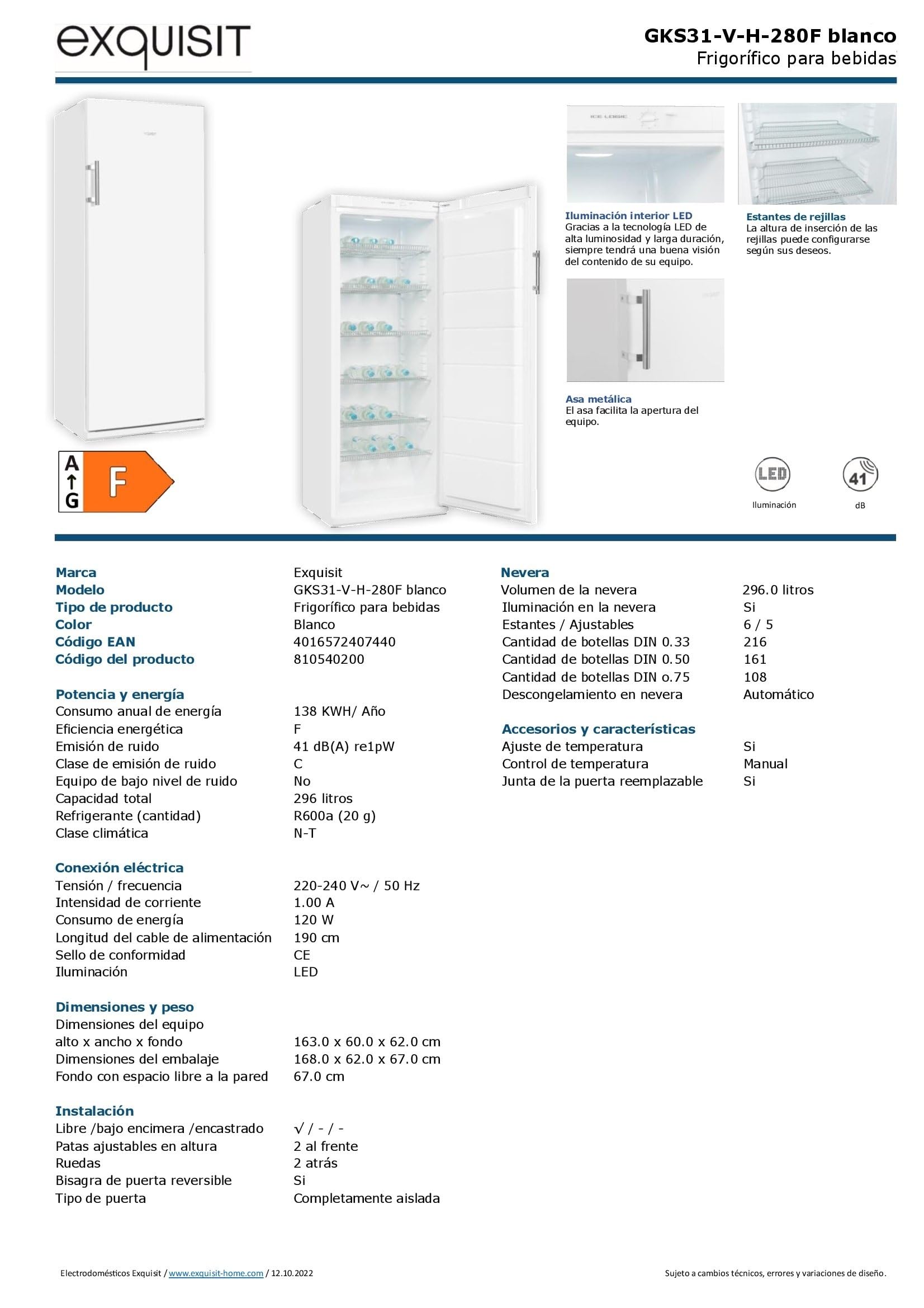 Exquisit® Frigorífico para Bebidas 296L, Color Blanco, Clase E, Puerta Reversible, 6 Estantes de Rejilla, Tirador Externo de Acero, Iluminación LED, Medidas (163,0 x 60,0 x 62,0 cm)
