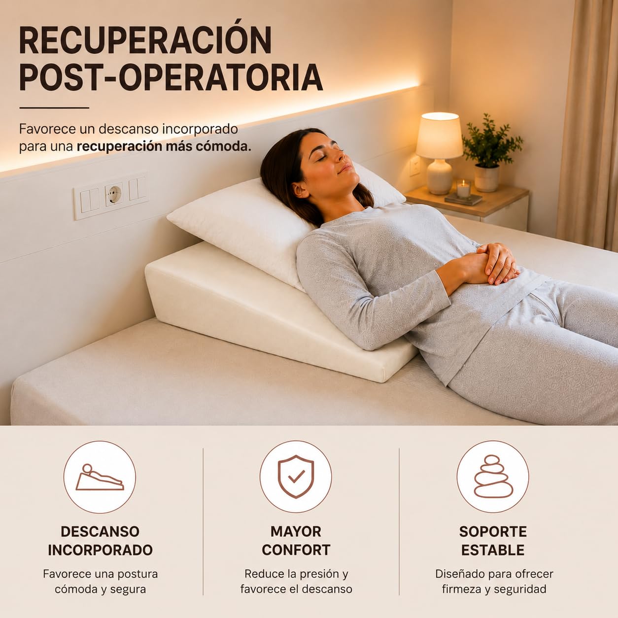 Cojín Cuña Viscoelástica 75x68x16 cm Blanca Lectura Cama y Sofá – Almohada Cuña Antirreflujo, Hernia de Hiato y Postoperatorio - Cuña Visco Oeko-Tex, Funda Lavable 100% Made in Spain