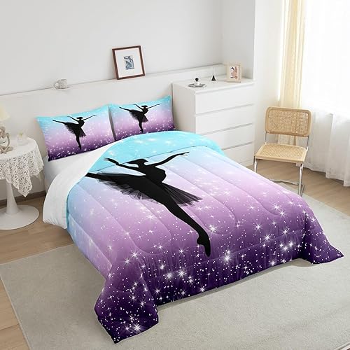 Miniatura 4 de Erosebridal Juego de edredón de decoración de ballet, tamaño matrimonial, juego de ropa de cama degradado verde azulado y morado degradado, juegos